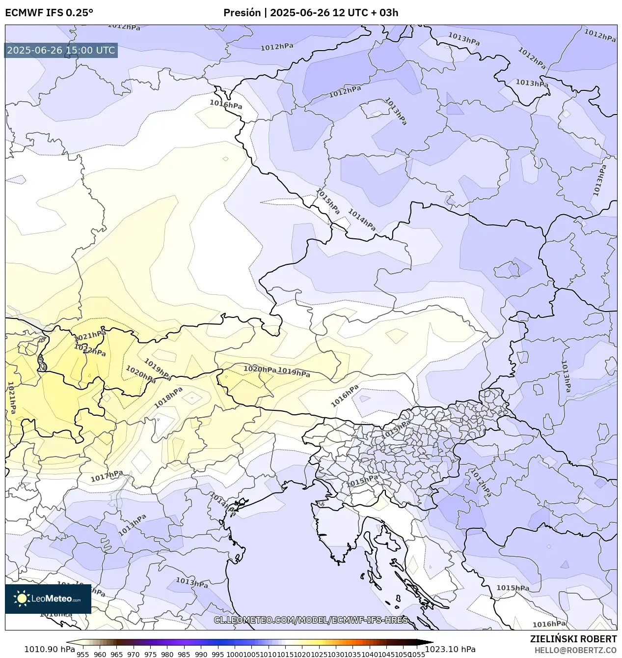 ECMWF IFS 0.25° model - Austria, Presión ECMWF IFS 0.25° model - Austria, Presión
