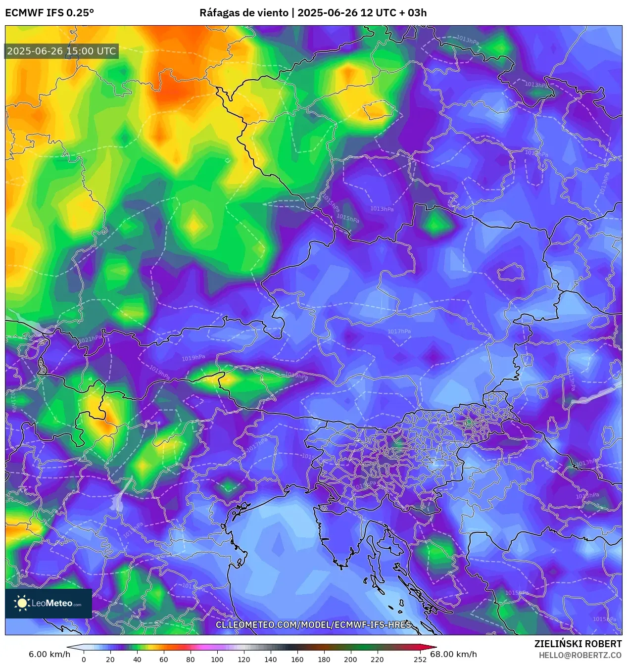 ECMWF IFS 0.25° model - Austria, Ráfagas de viento ECMWF IFS 0.25° model - Austria, Ráfagas de viento