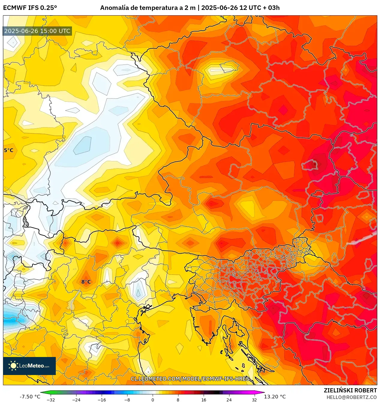 ECMWF IFS 0.25° model - Austria, Anomalía de temperatura a 2 m ECMWF IFS 0.25° model - Austria, Anomalía de temperatura a 2 m