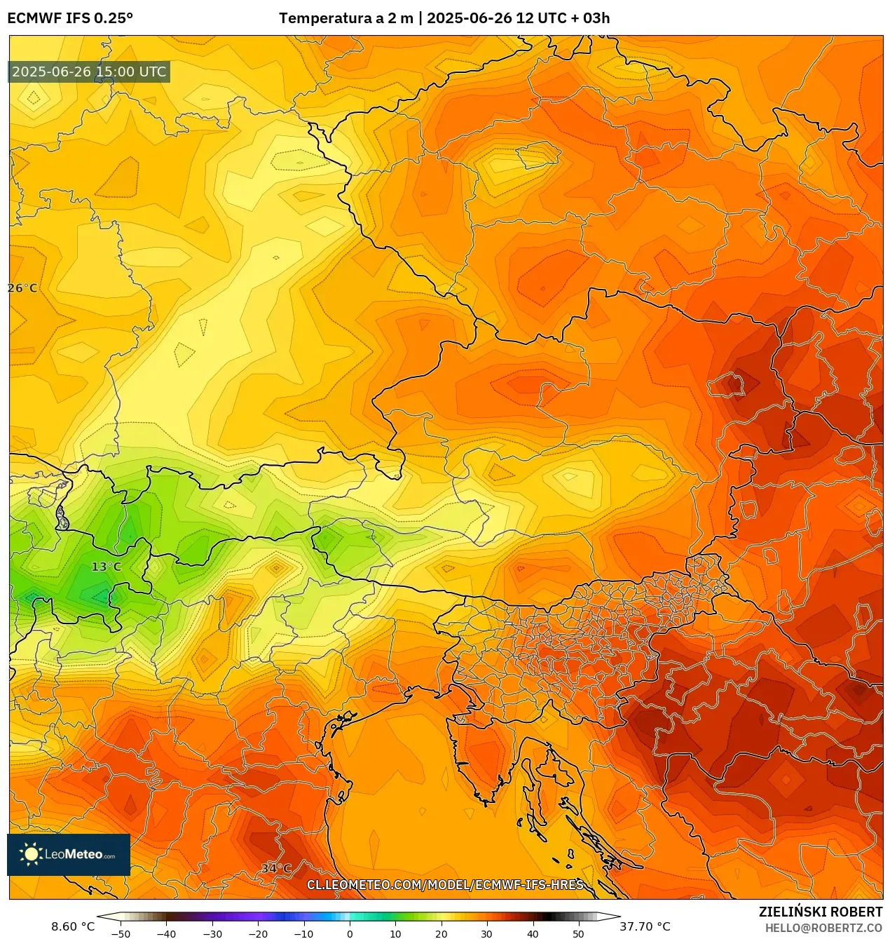 ECMWF IFS 0.25° model - Austria, Temperatura a 2 m ECMWF IFS 0.25° model - Austria, Temperatura a 2 m