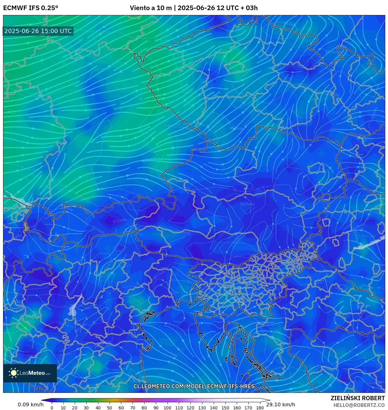 ECMWF IFS 0.25° model - Austria, Viento a 10 m ECMWF IFS 0.25° model - Austria, Viento a 10 m