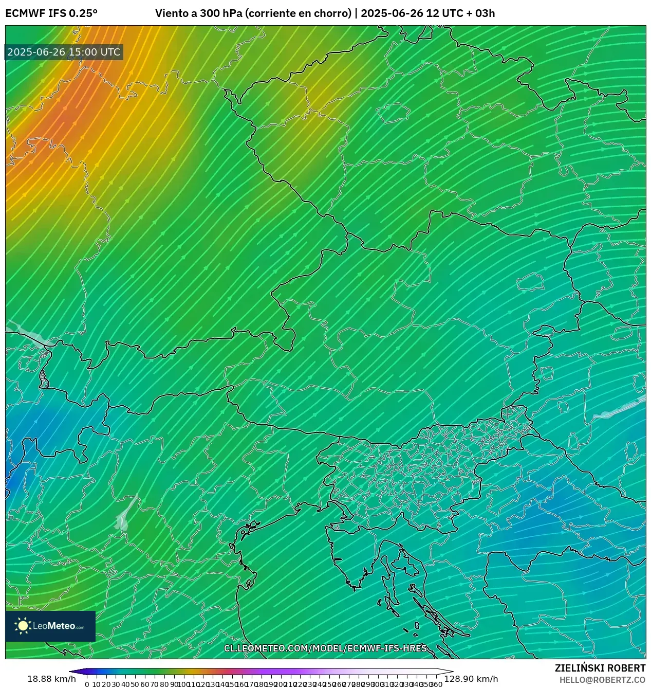 ECMWF IFS 0.25° model - Austria, Viento a 300 hPa (corriente en chorro) ECMWF IFS 0.25° model - Austria, Viento a 300 hPa (corriente en chorro)