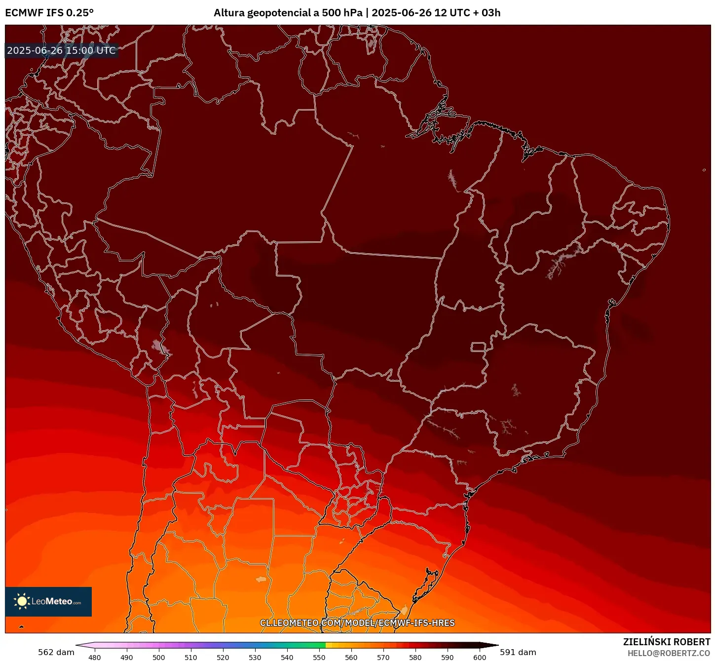 ECMWF IFS 0.25° model - Brasil, Altura geopotencial a 500 hPa ECMWF IFS 0.25° model - Brasil, Altura geopotencial a 500 hPa