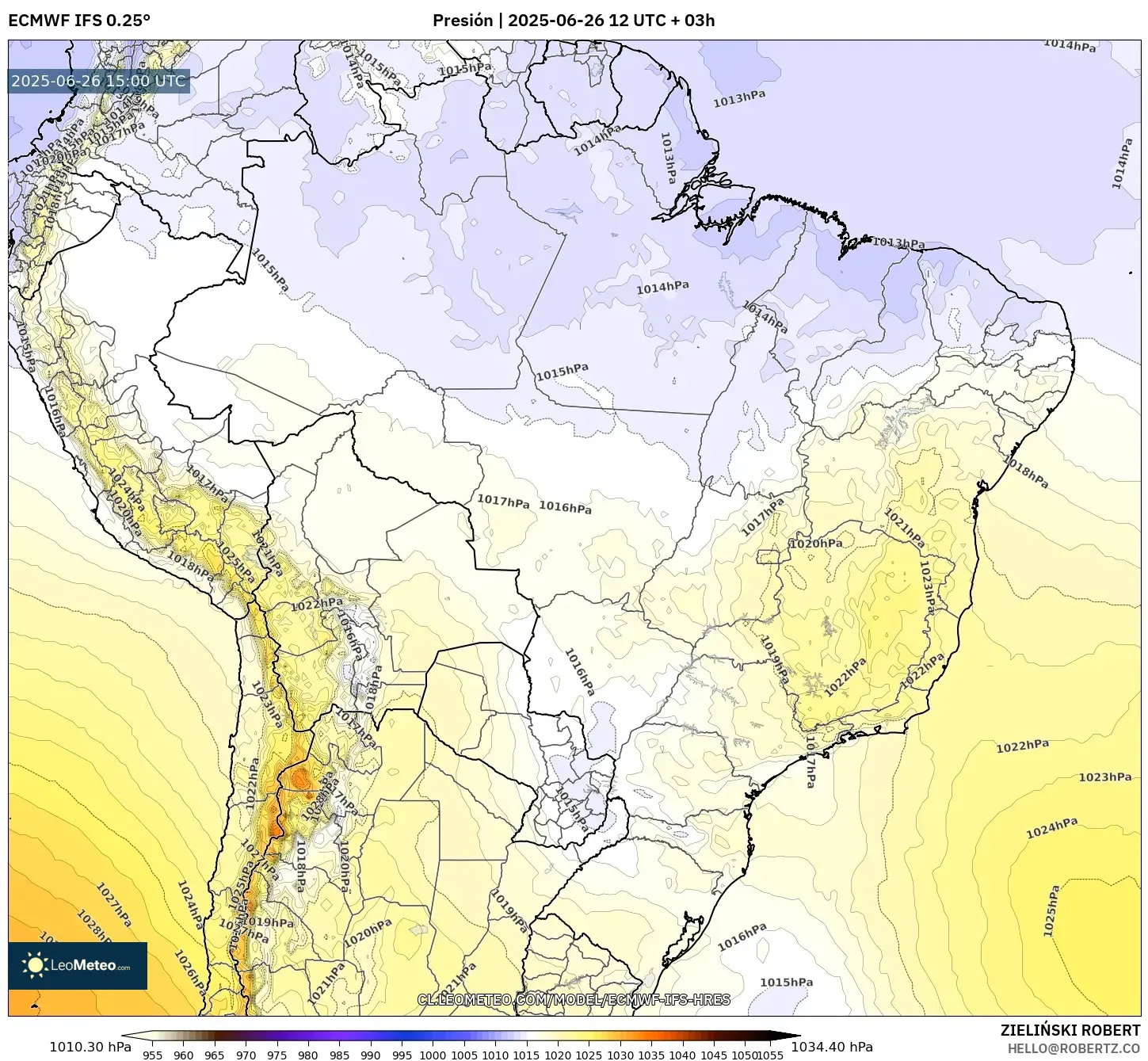 ECMWF IFS 0.25° model - Brasil, Presión ECMWF IFS 0.25° model - Brasil, Presión