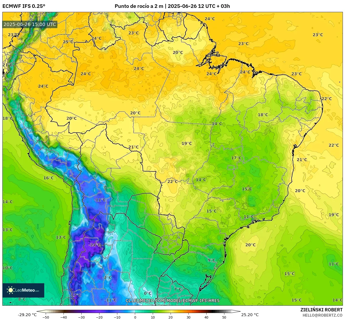 ECMWF IFS 0.25° model - Brasil, Punto de rocío a 2 m ECMWF IFS 0.25° model - Brasil, Punto de rocío a 2 m