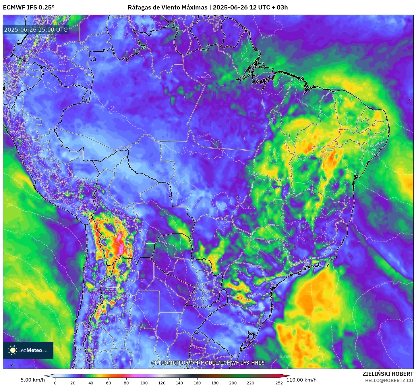 ECMWF IFS 0.25° model - Brasil, Ráfagas de Viento Máximas ECMWF IFS 0.25° model - Brasil, Ráfagas de Viento Máximas
