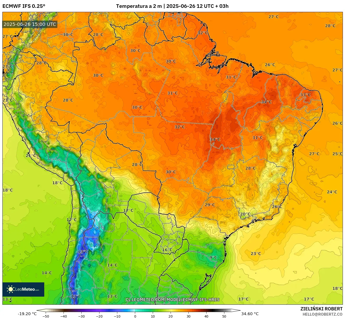 ECMWF IFS 0.25° model - Brasil, Temperatura a 2 m ECMWF IFS 0.25° model - Brasil, Temperatura a 2 m
