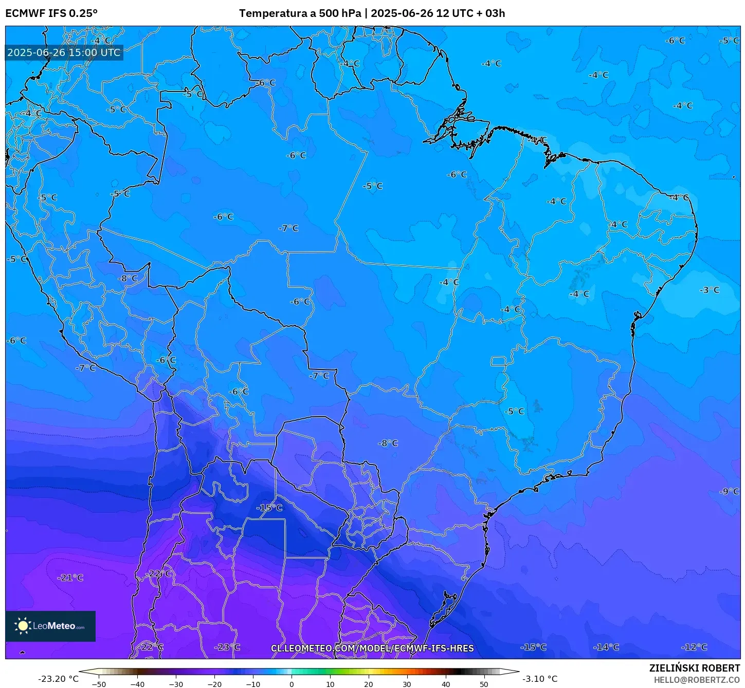 ECMWF IFS 0.25° model - Brasil, Temperatura a 500 hPa ECMWF IFS 0.25° model - Brasil, Temperatura a 500 hPa