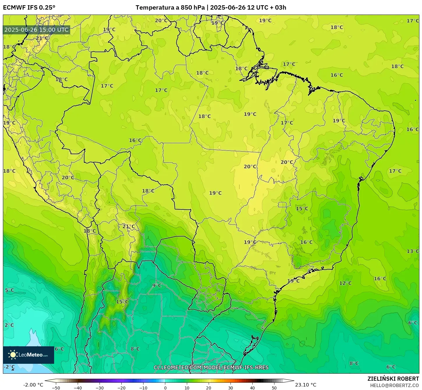 ECMWF IFS 0.25° model - Brasil, Temperatura a 850 hPa ECMWF IFS 0.25° model - Brasil, Temperatura a 850 hPa