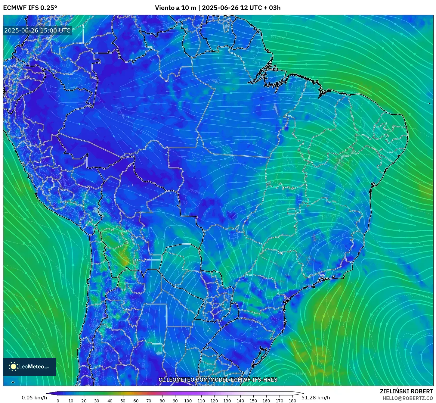 ECMWF IFS 0.25° model - Brasil, Viento a 10 m ECMWF IFS 0.25° model - Brasil, Viento a 10 m