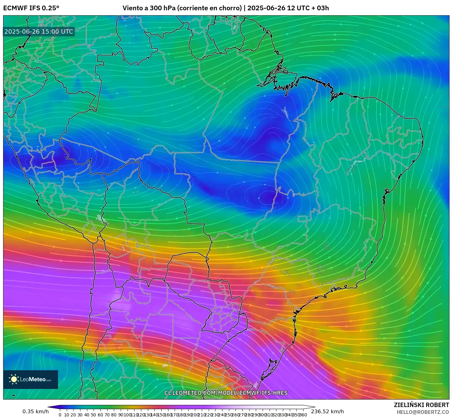 ECMWF IFS 0.25° model - Brasil, Viento a 300 hPa (corriente en chorro) ECMWF IFS 0.25° model - Brasil, Viento a 300 hPa (corriente en chorro)
