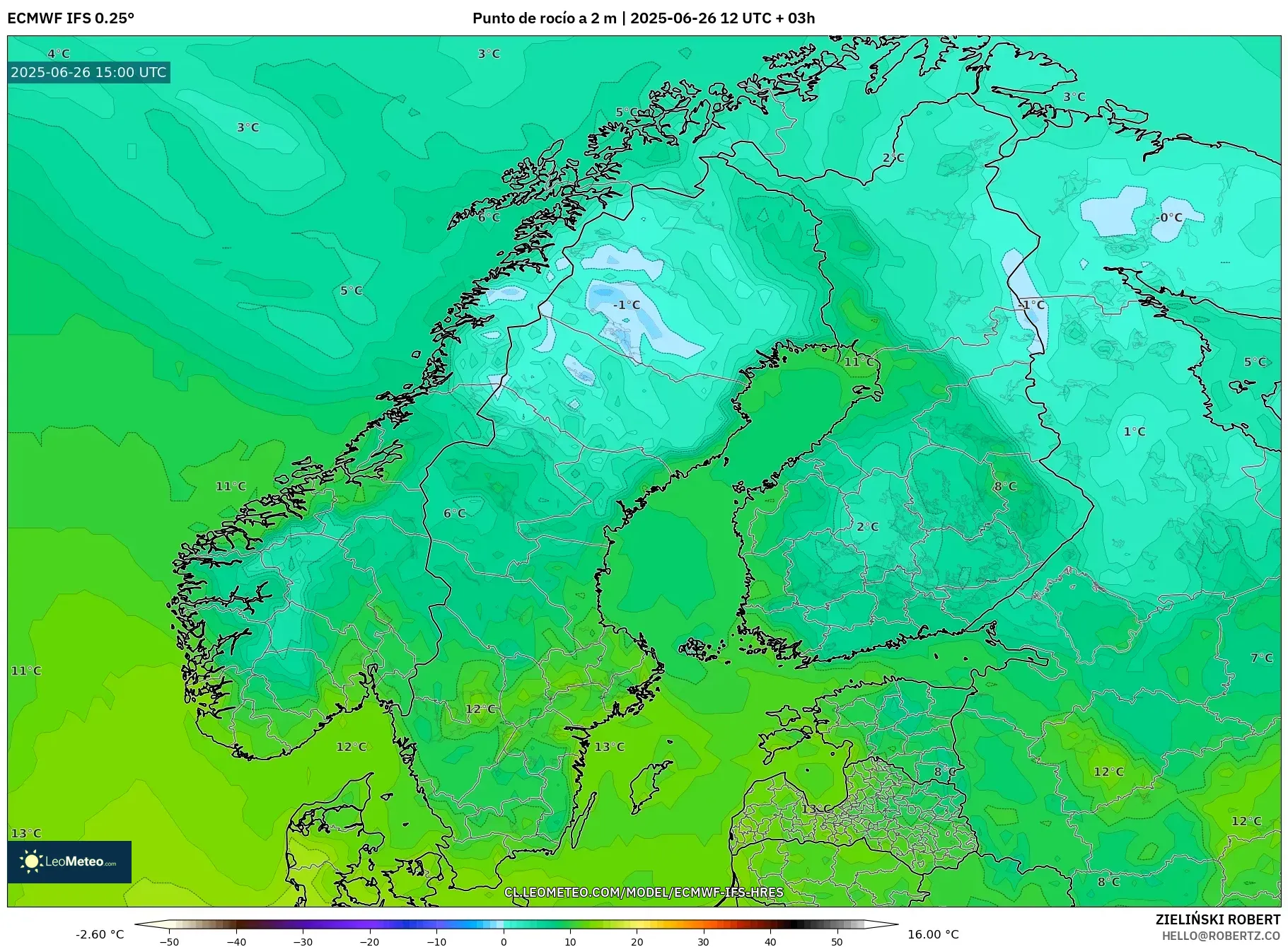 ECMWF IFS 0.25° model - Escandinavia, Punto de rocío a 2 m ECMWF IFS 0.25° model - Escandinavia, Punto de rocío a 2 m