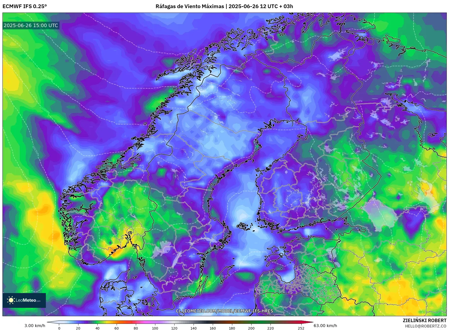 ECMWF IFS 0.25° model - Escandinavia, Ráfagas de Viento Máximas ECMWF IFS 0.25° model - Escandinavia, Ráfagas de Viento Máximas