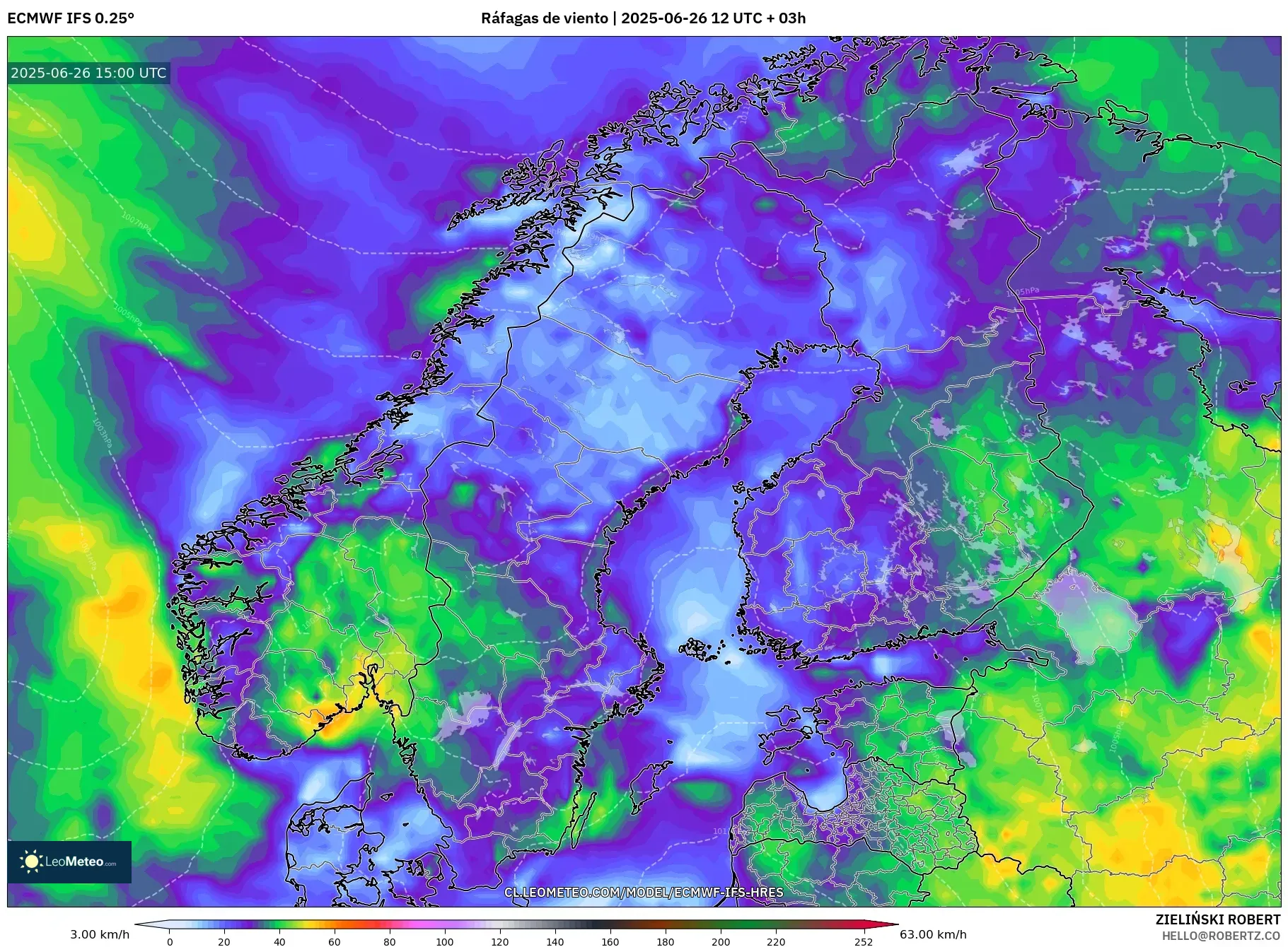 ECMWF IFS 0.25° model - Escandinavia, Ráfagas de viento ECMWF IFS 0.25° model - Escandinavia, Ráfagas de viento