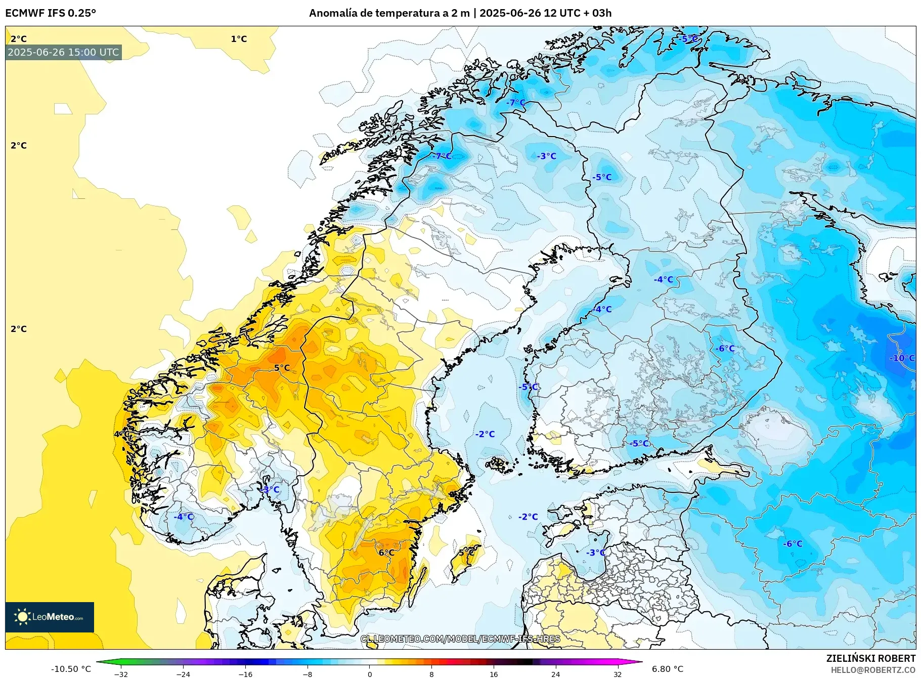 ECMWF IFS 0.25° model - Escandinavia, Anomalía de temperatura a 2 m ECMWF IFS 0.25° model - Escandinavia, Anomalía de temperatura a 2 m