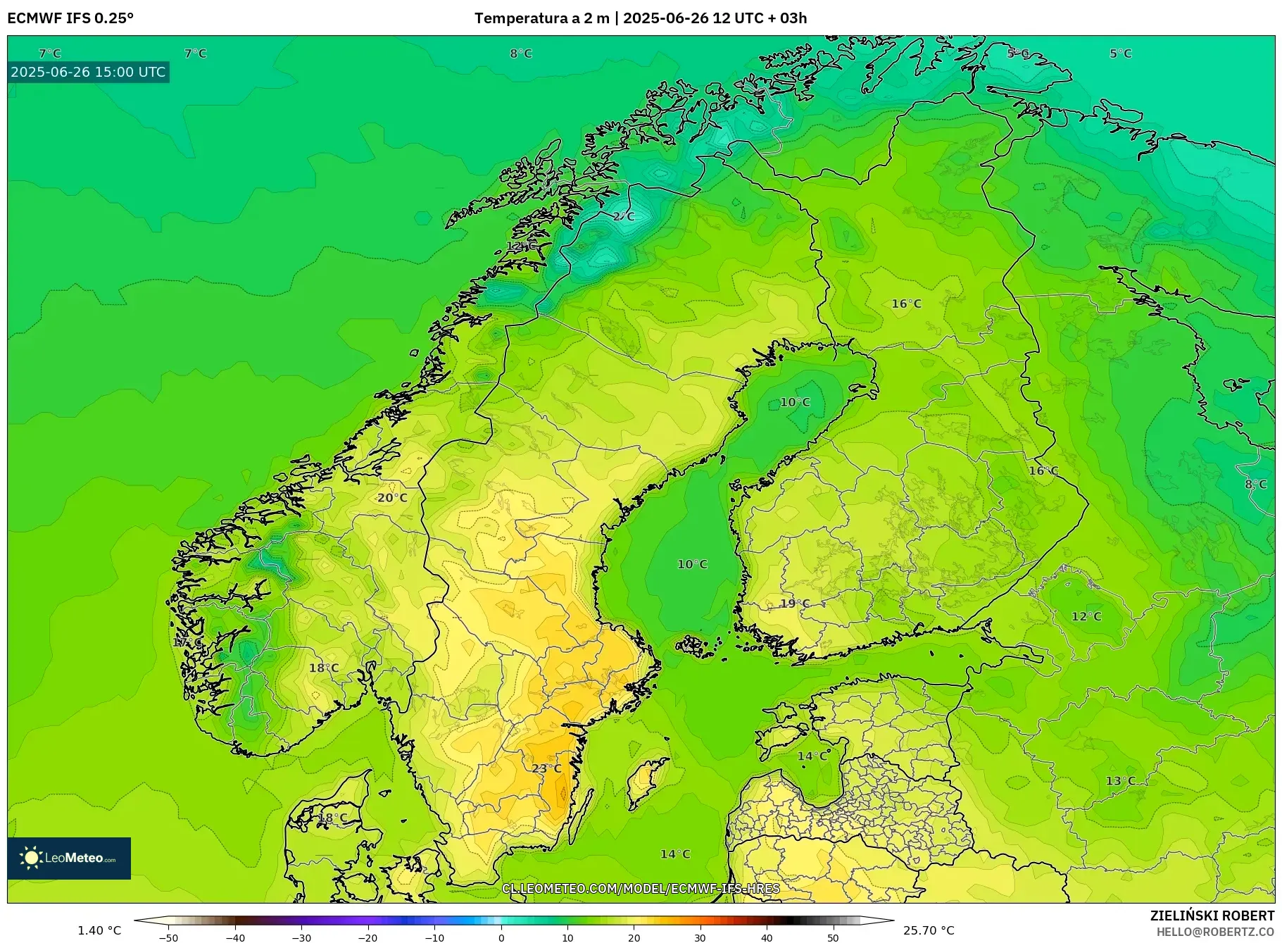 ECMWF IFS 0.25° model - Escandinavia, Temperatura a 2 m ECMWF IFS 0.25° model - Escandinavia, Temperatura a 2 m