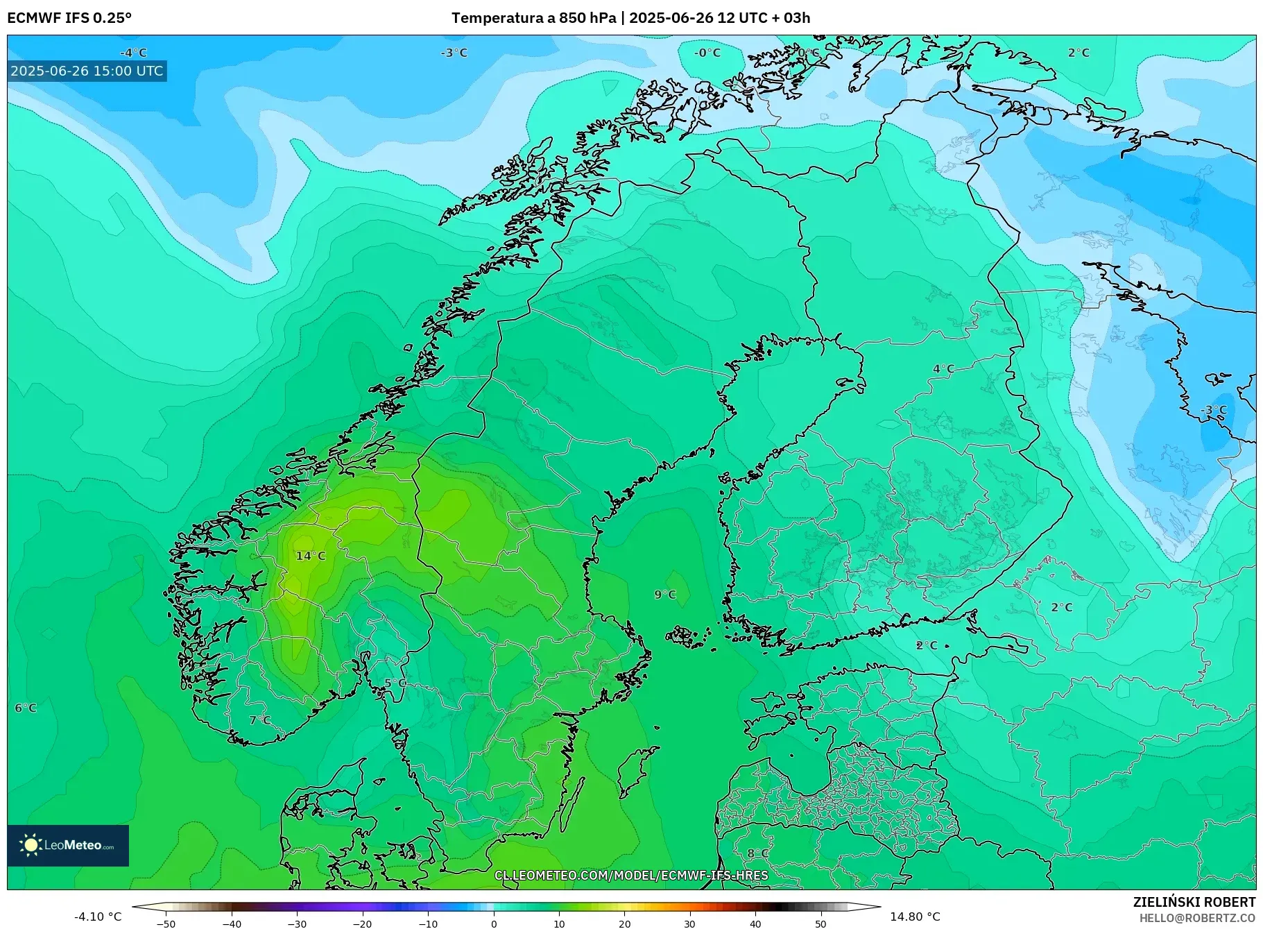 ECMWF IFS 0.25° model - Escandinavia, Temperatura a 850 hPa ECMWF IFS 0.25° model - Escandinavia, Temperatura a 850 hPa