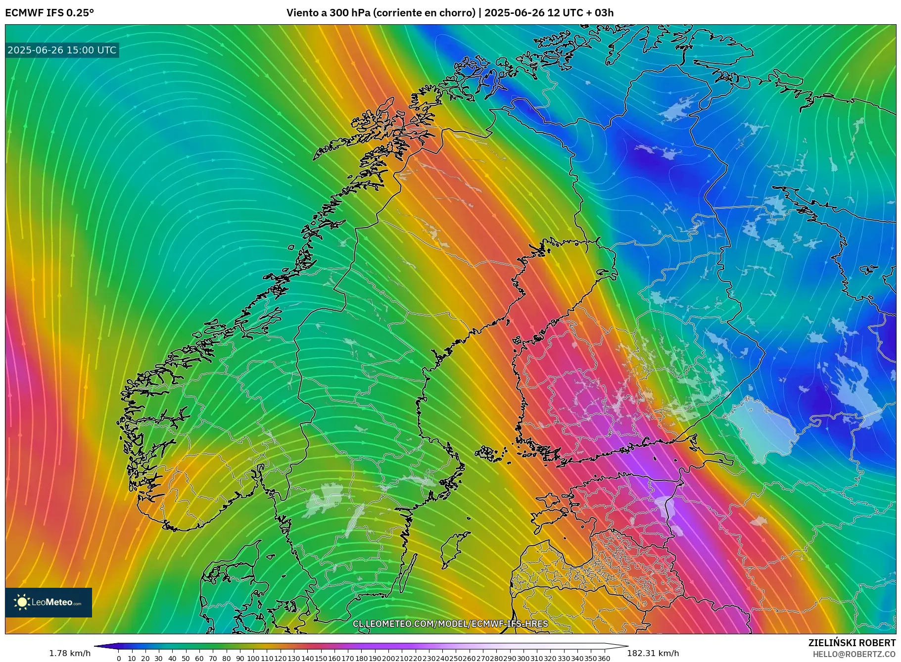 ECMWF IFS 0.25° model - Escandinavia, Viento a 300 hPa (corriente en chorro) ECMWF IFS 0.25° model - Escandinavia, Viento a 300 hPa (corriente en chorro)