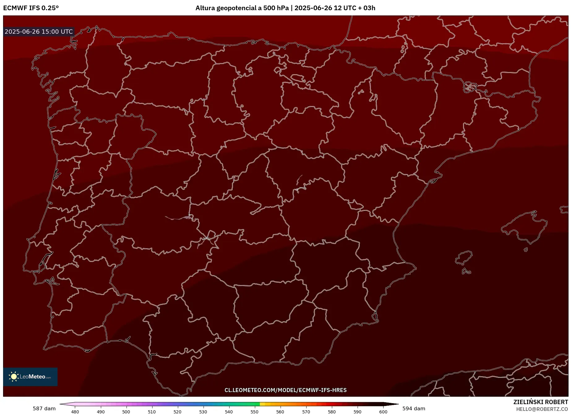 ECMWF IFS 0.25° model - España, Altura geopotencial a 500 hPa ECMWF IFS 0.25° model - España, Altura geopotencial a 500 hPa