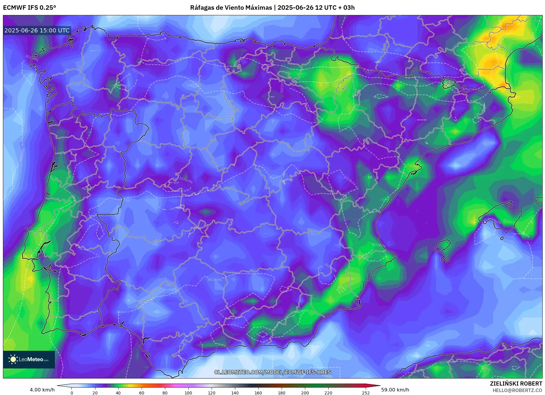 ECMWF IFS 0.25° model - España, Ráfagas de Viento Máximas ECMWF IFS 0.25° model - España, Ráfagas de Viento Máximas