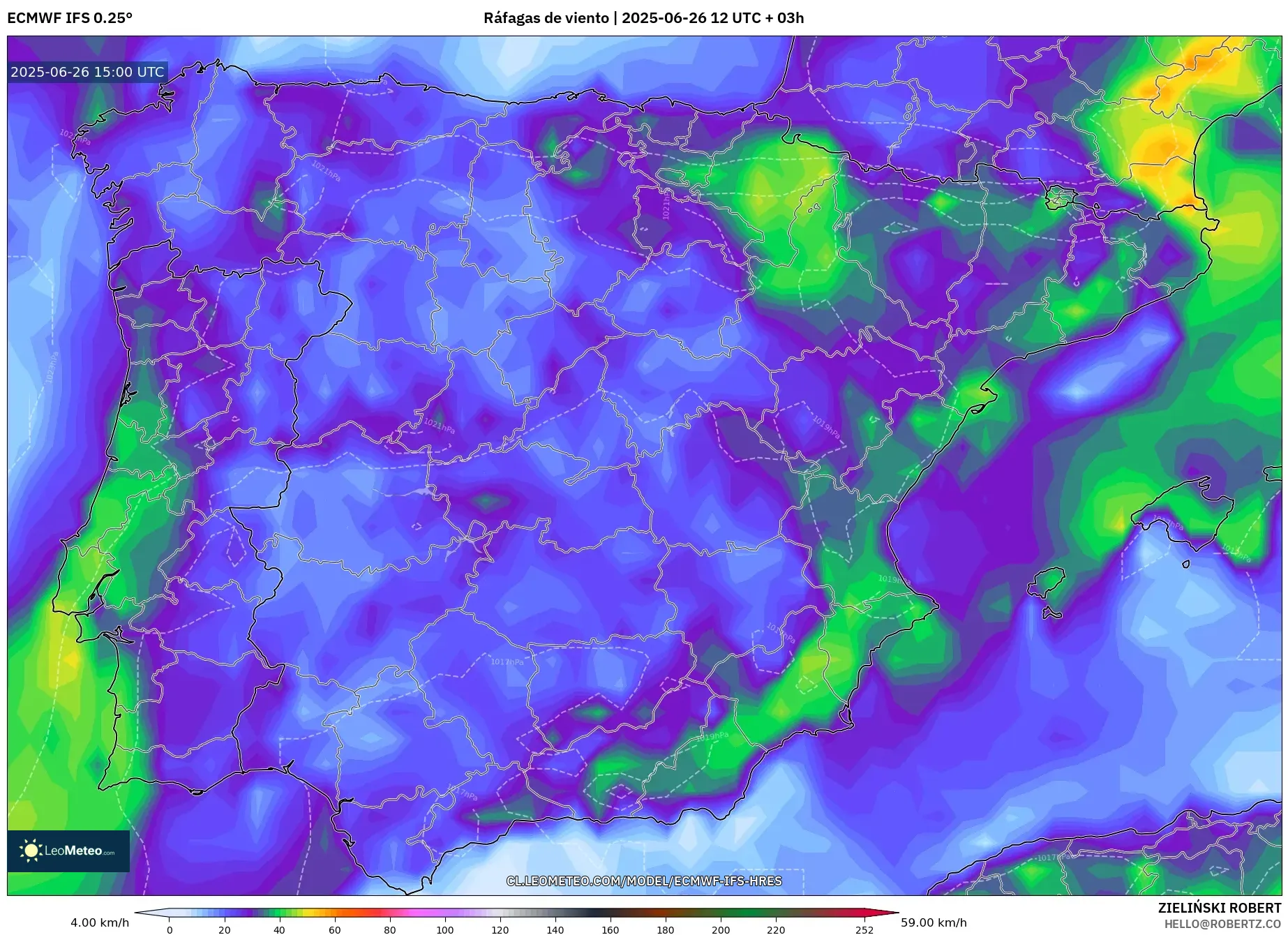 ECMWF IFS 0.25° model - España, Ráfagas de viento ECMWF IFS 0.25° model - España, Ráfagas de viento