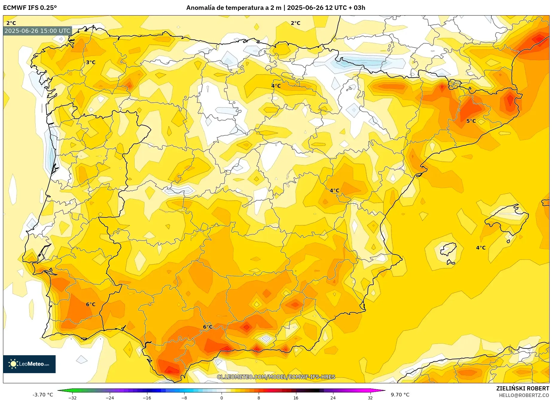 ECMWF IFS 0.25° model - España, Anomalía de temperatura a 2 m ECMWF IFS 0.25° model - España, Anomalía de temperatura a 2 m