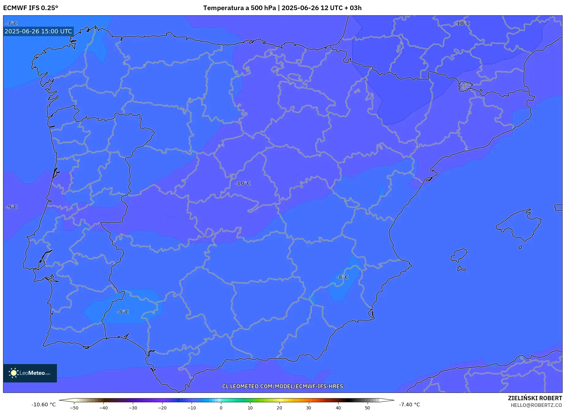 ECMWF IFS 0.25° model - España, Temperatura a 500 hPa ECMWF IFS 0.25° model - España, Temperatura a 500 hPa