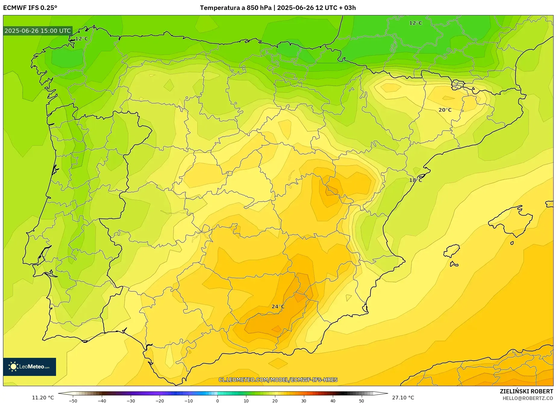 ECMWF IFS 0.25° model - España, Temperatura a 850 hPa ECMWF IFS 0.25° model - España, Temperatura a 850 hPa
