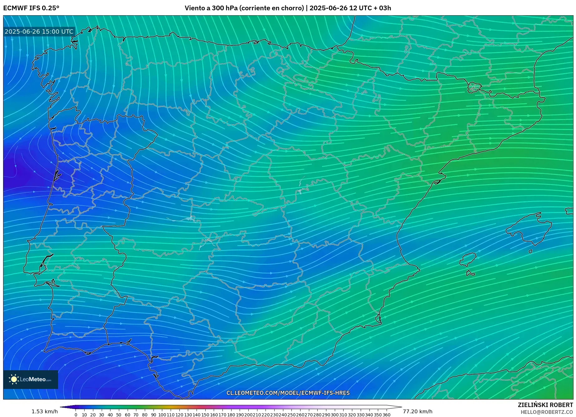 ECMWF IFS 0.25° model - España, Viento a 300 hPa (corriente en chorro) ECMWF IFS 0.25° model - España, Viento a 300 hPa (corriente en chorro)