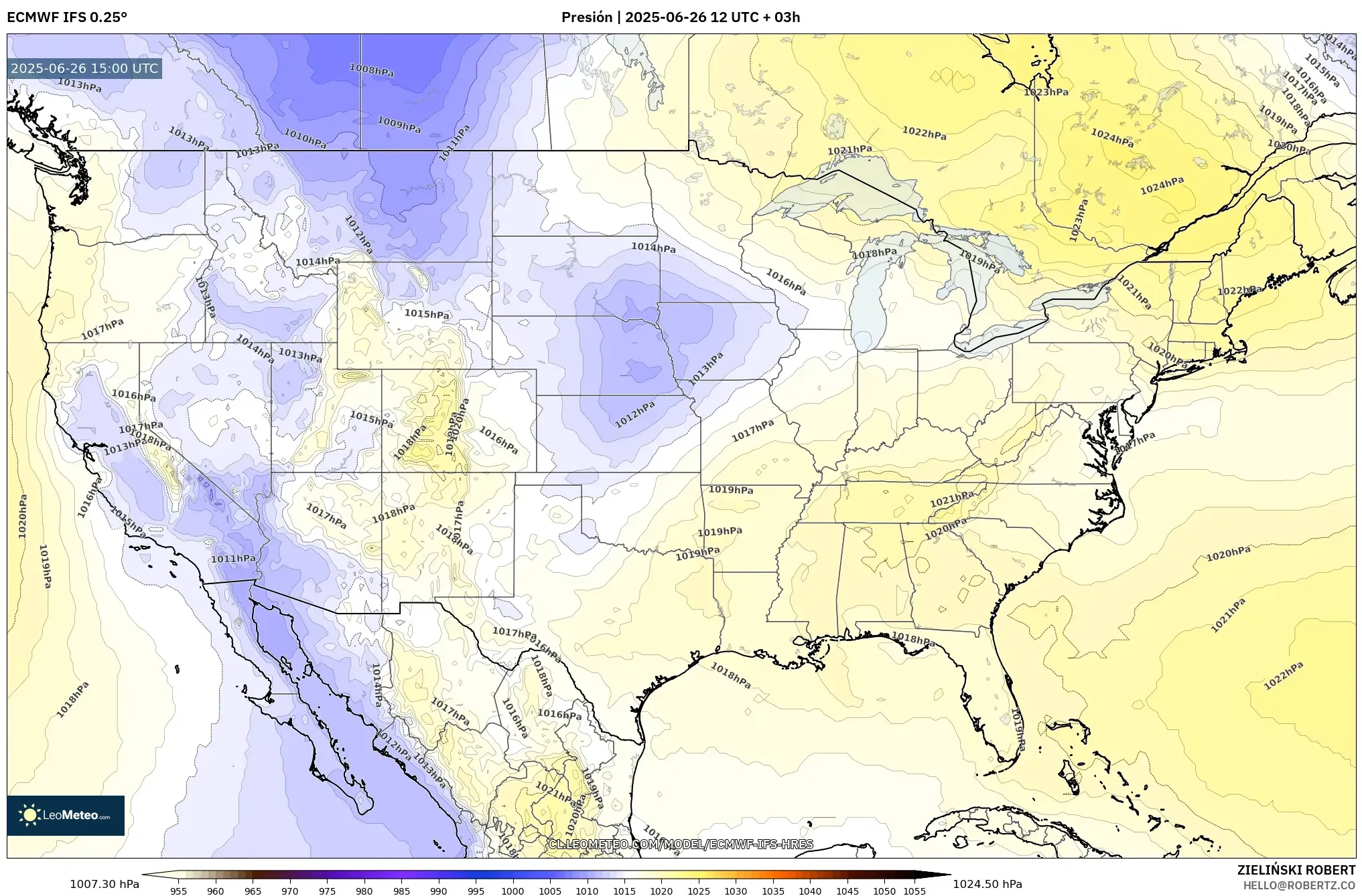 ECMWF IFS 0.25° model - Estados Unidos, Presión ECMWF IFS 0.25° model - Estados Unidos, Presión