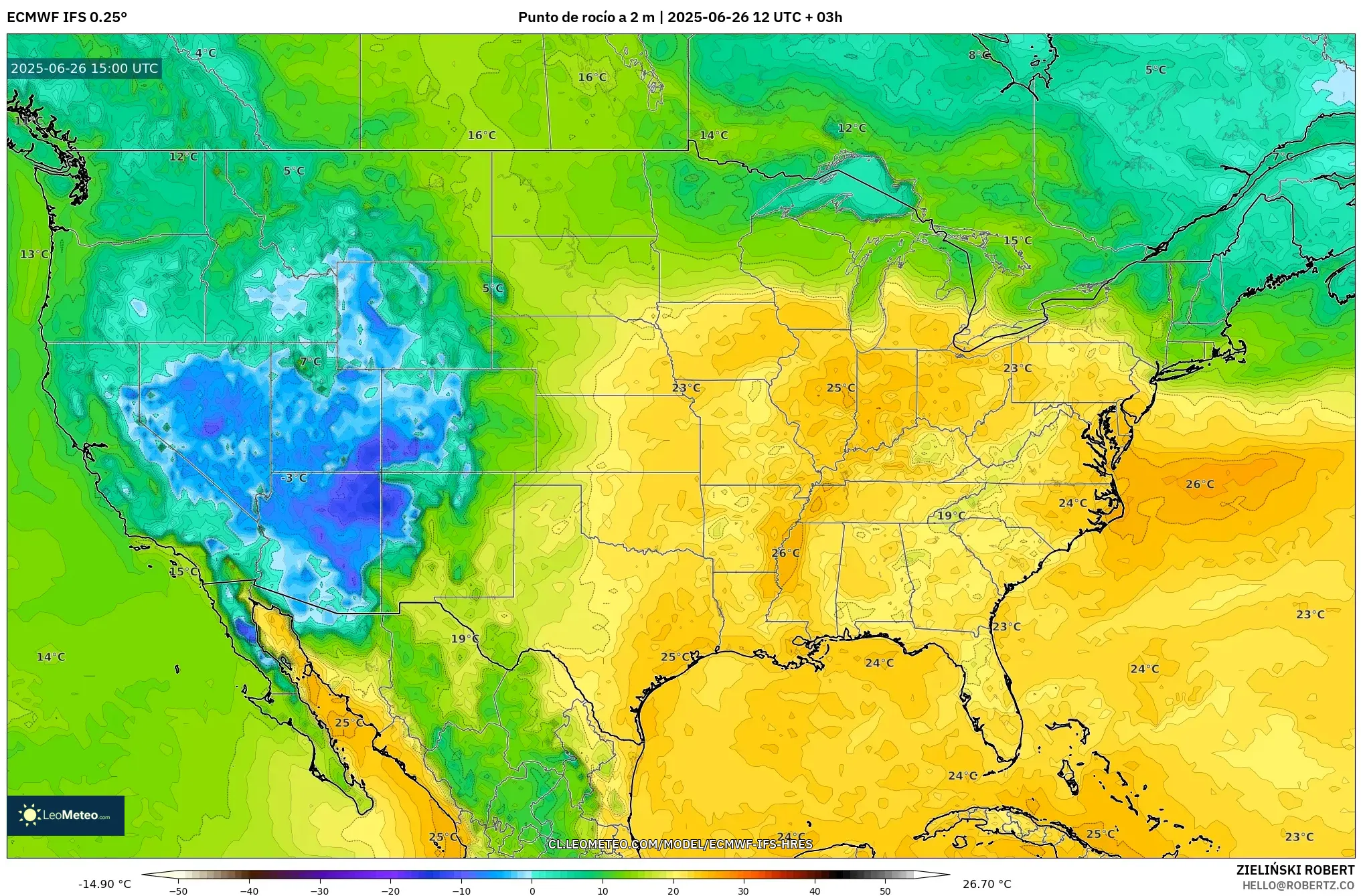 ECMWF IFS 0.25° model - Estados Unidos, Punto de rocío a 2 m ECMWF IFS 0.25° model - Estados Unidos, Punto de rocío a 2 m