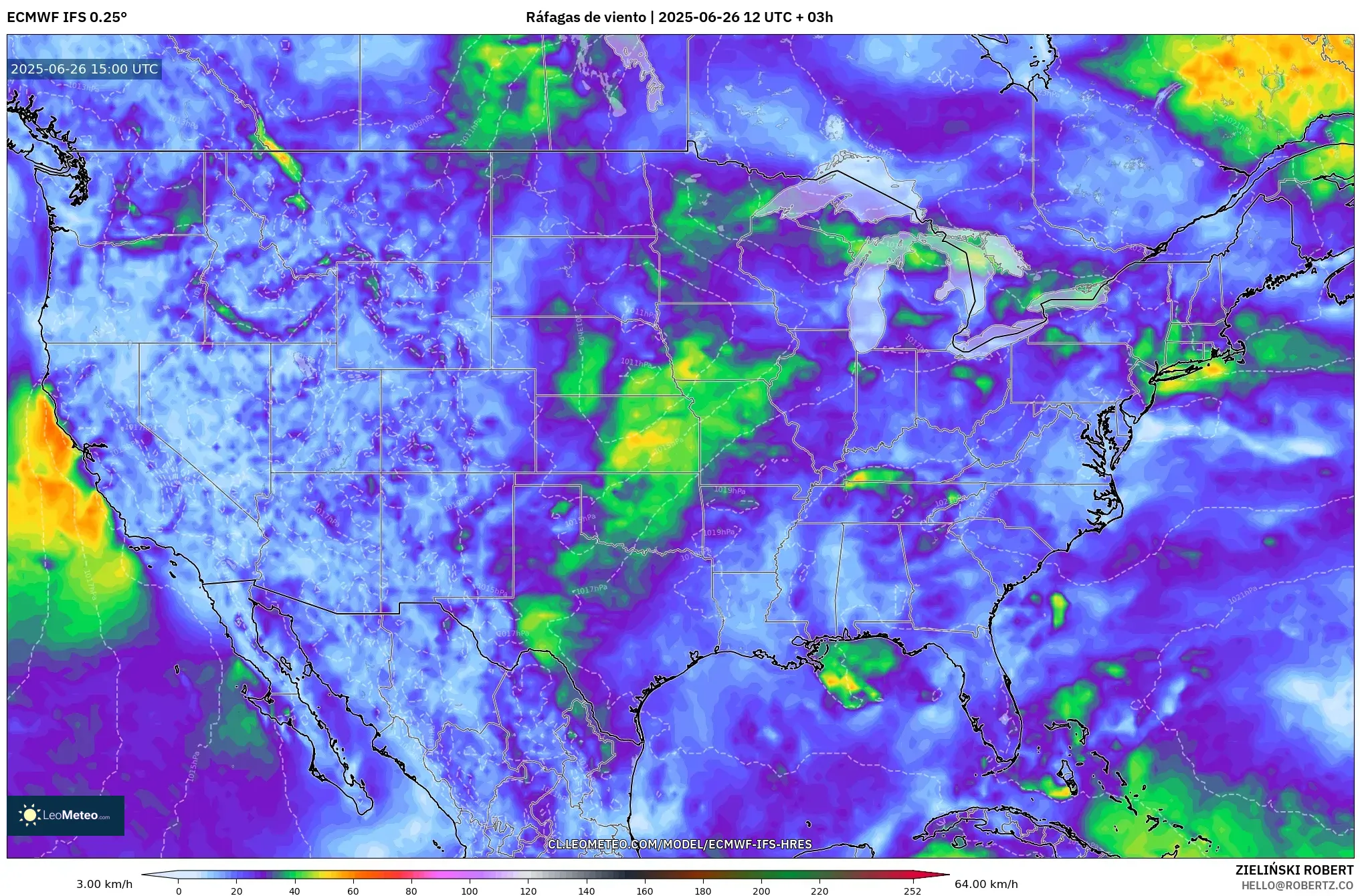 ECMWF IFS 0.25° model - Estados Unidos, Ráfagas de viento ECMWF IFS 0.25° model - Estados Unidos, Ráfagas de viento