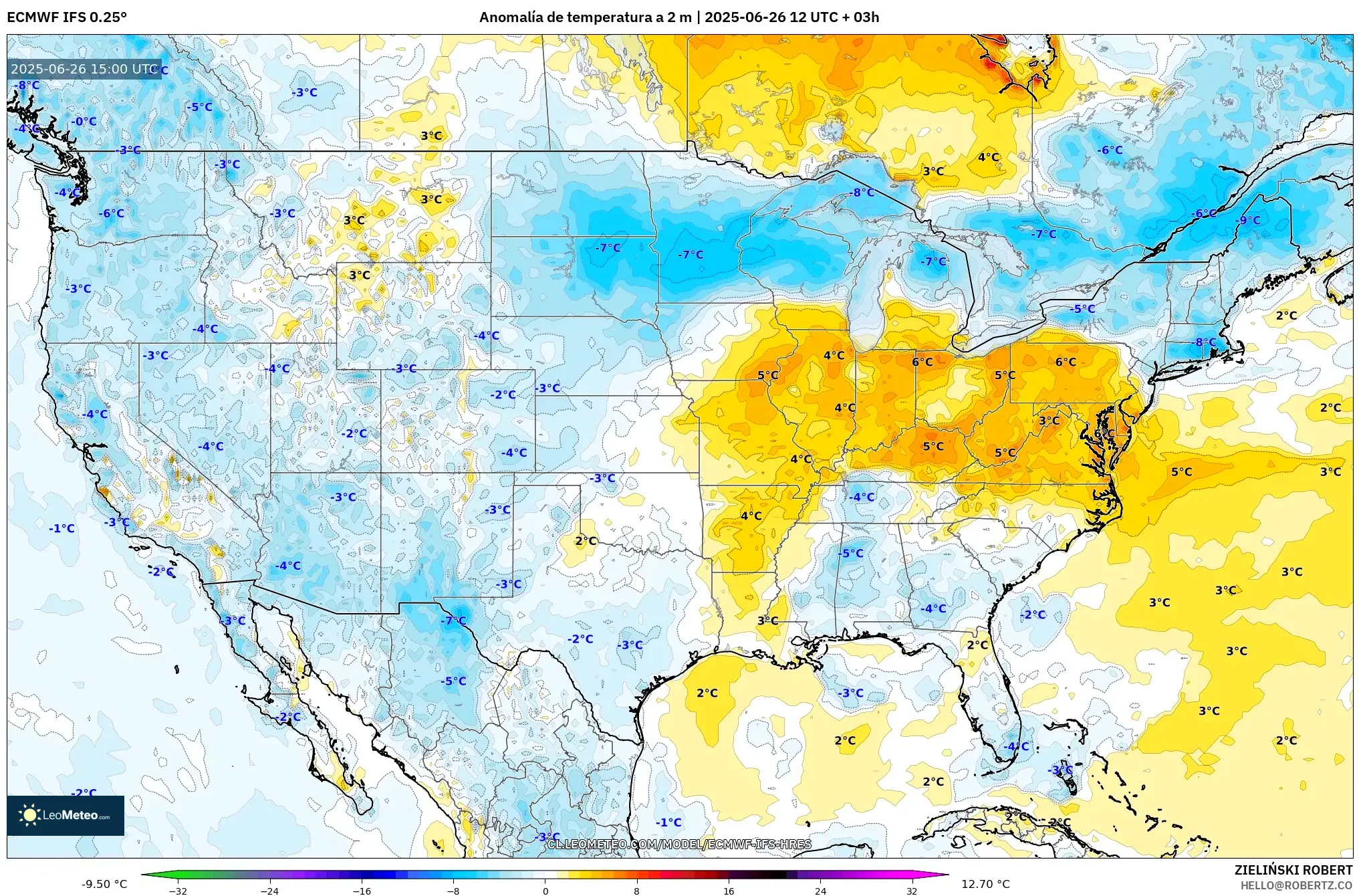 ECMWF IFS 0.25° model - Estados Unidos, Anomalía de temperatura a 2 m ECMWF IFS 0.25° model - Estados Unidos, Anomalía de temperatura a 2 m