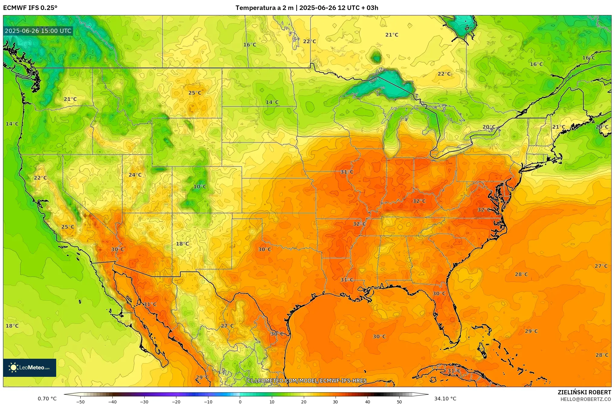 ECMWF IFS 0.25° model - Estados Unidos, Temperatura a 2 m ECMWF IFS 0.25° model - Estados Unidos, Temperatura a 2 m