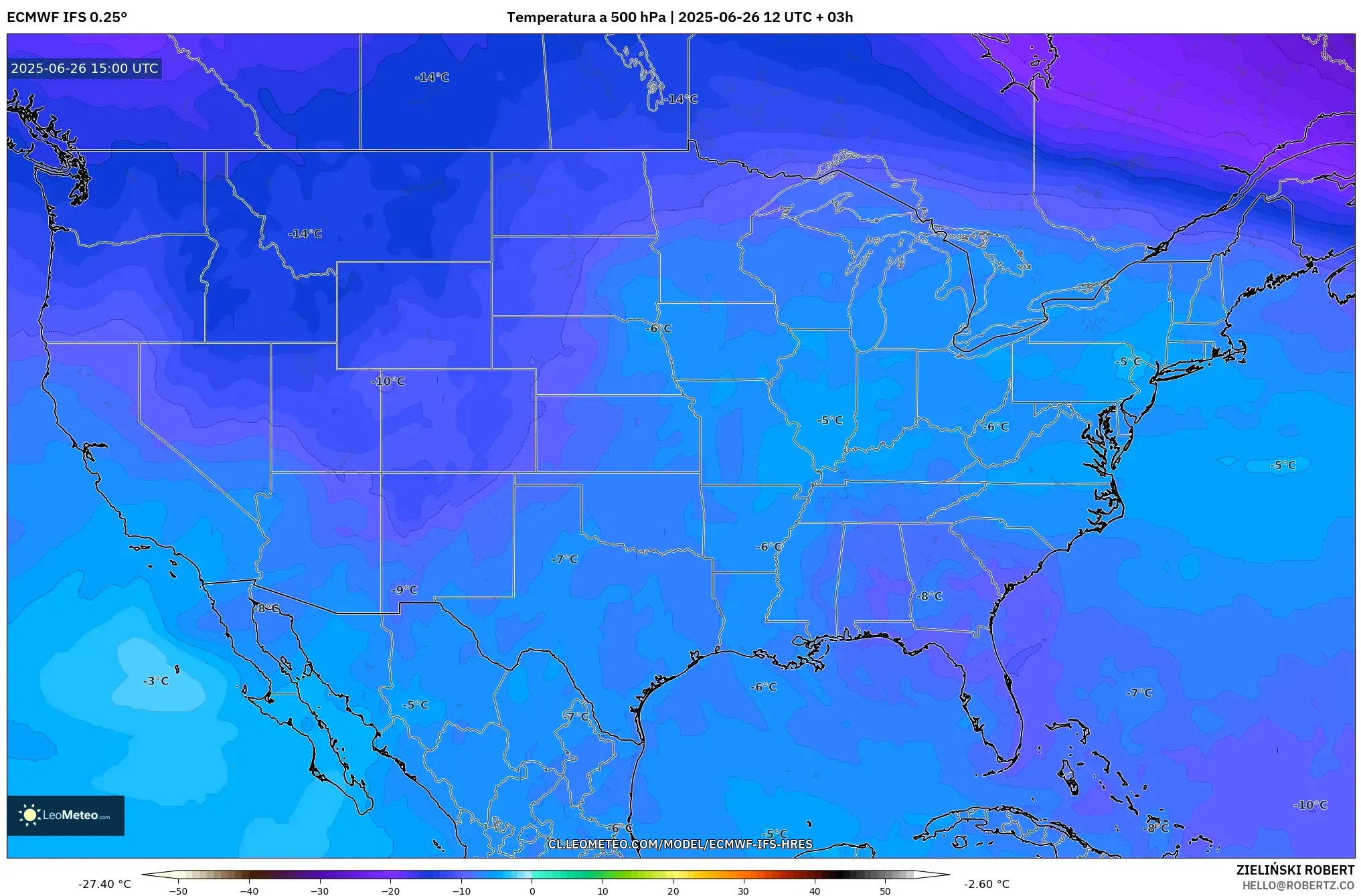 ECMWF IFS 0.25° model - Estados Unidos, Temperatura a 500 hPa ECMWF IFS 0.25° model - Estados Unidos, Temperatura a 500 hPa