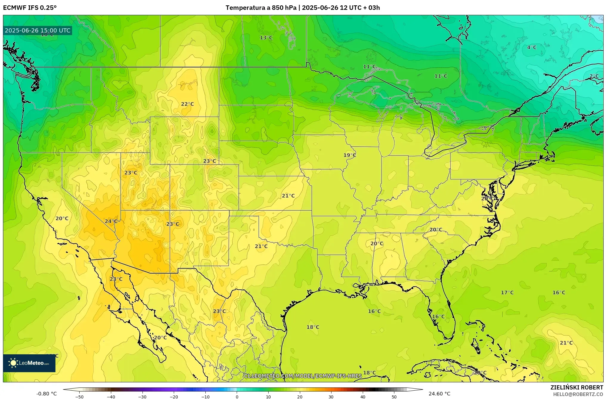 ECMWF IFS 0.25° model - Estados Unidos, Temperatura a 850 hPa ECMWF IFS 0.25° model - Estados Unidos, Temperatura a 850 hPa
