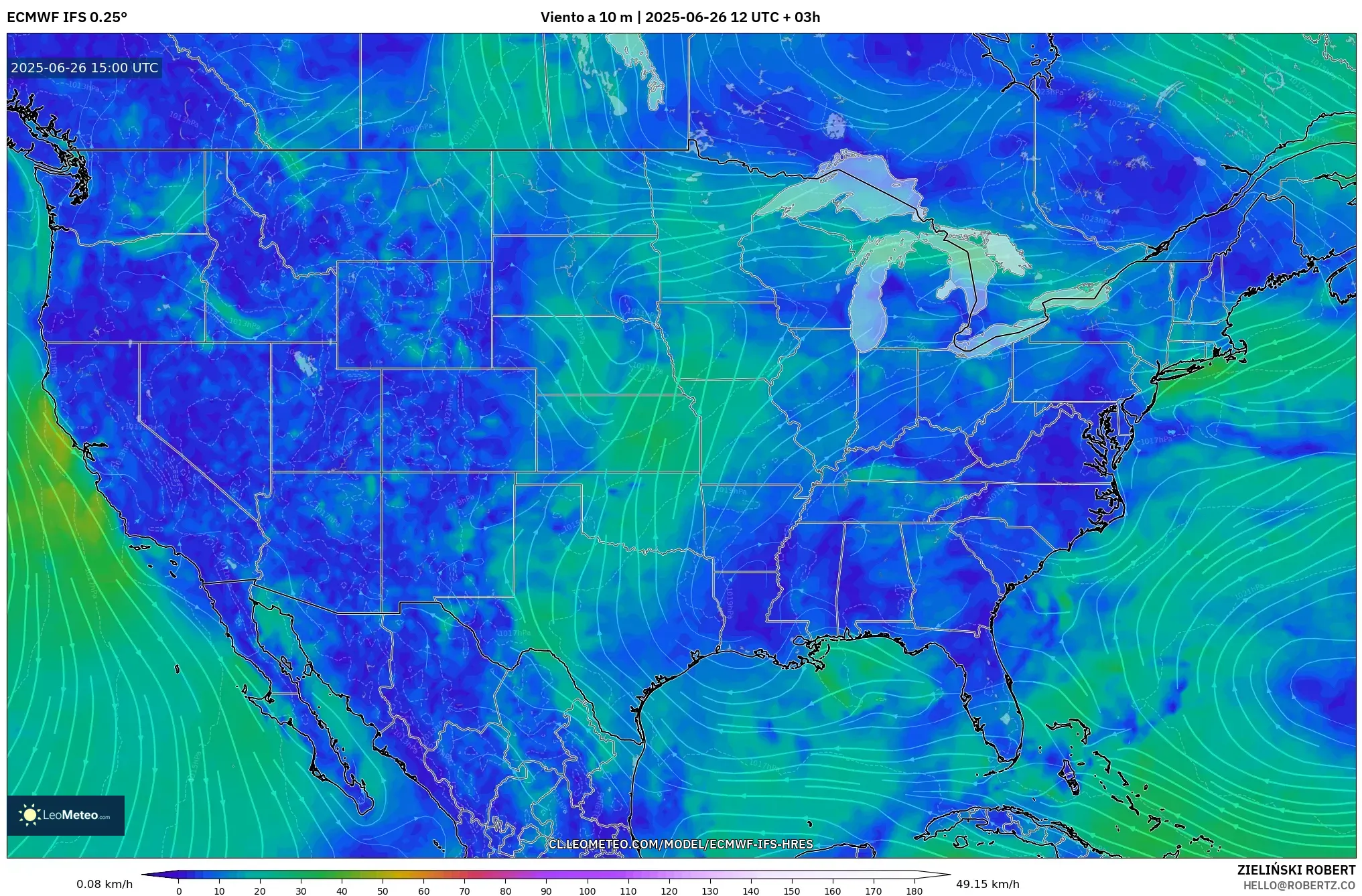 ECMWF IFS 0.25° model - Estados Unidos, Viento a 10 m ECMWF IFS 0.25° model - Estados Unidos, Viento a 10 m
