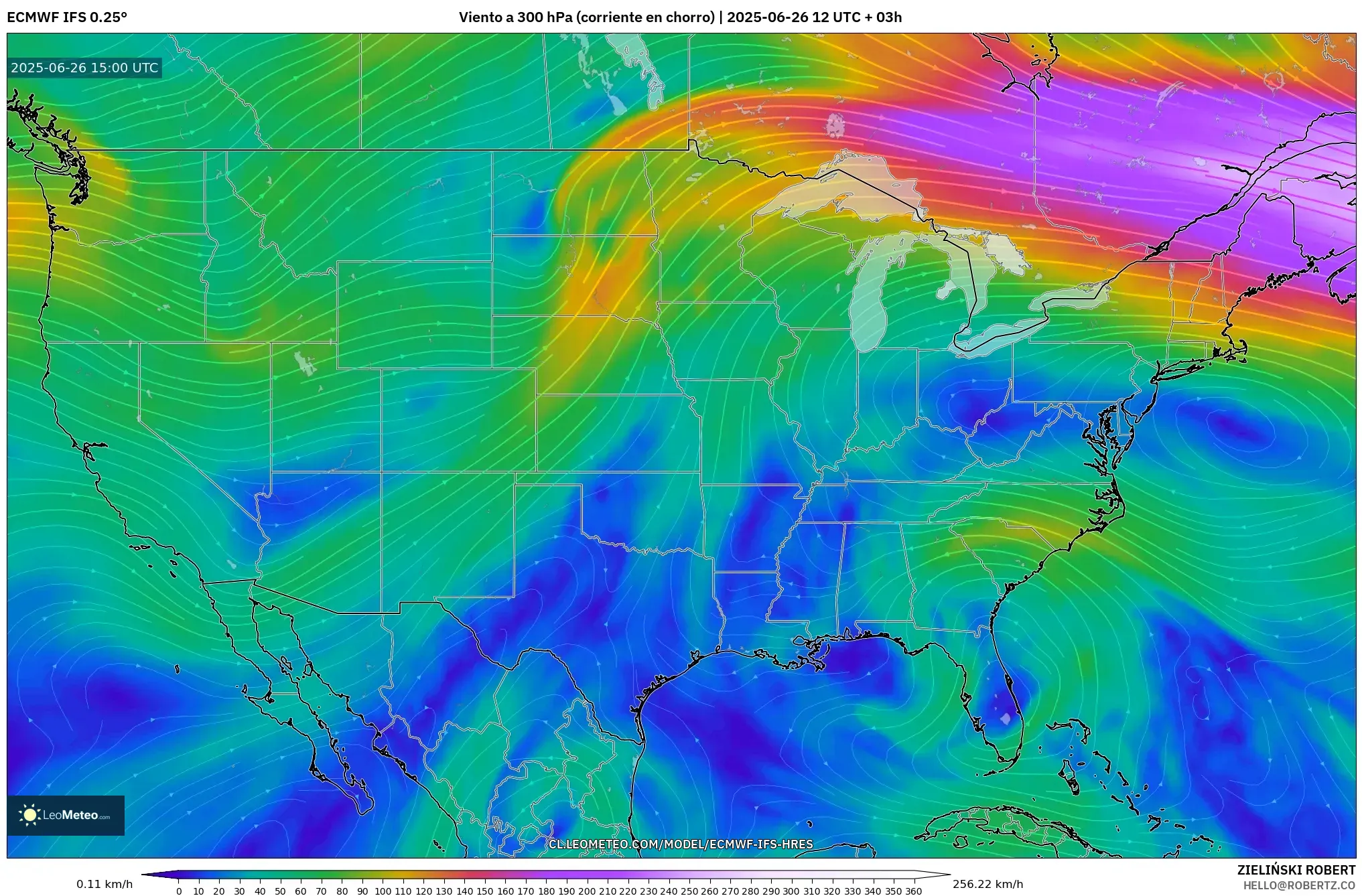 ECMWF IFS 0.25° model - Estados Unidos, Viento a 300 hPa (corriente en chorro) ECMWF IFS 0.25° model - Estados Unidos, Viento a 300 hPa (corriente en chorro)