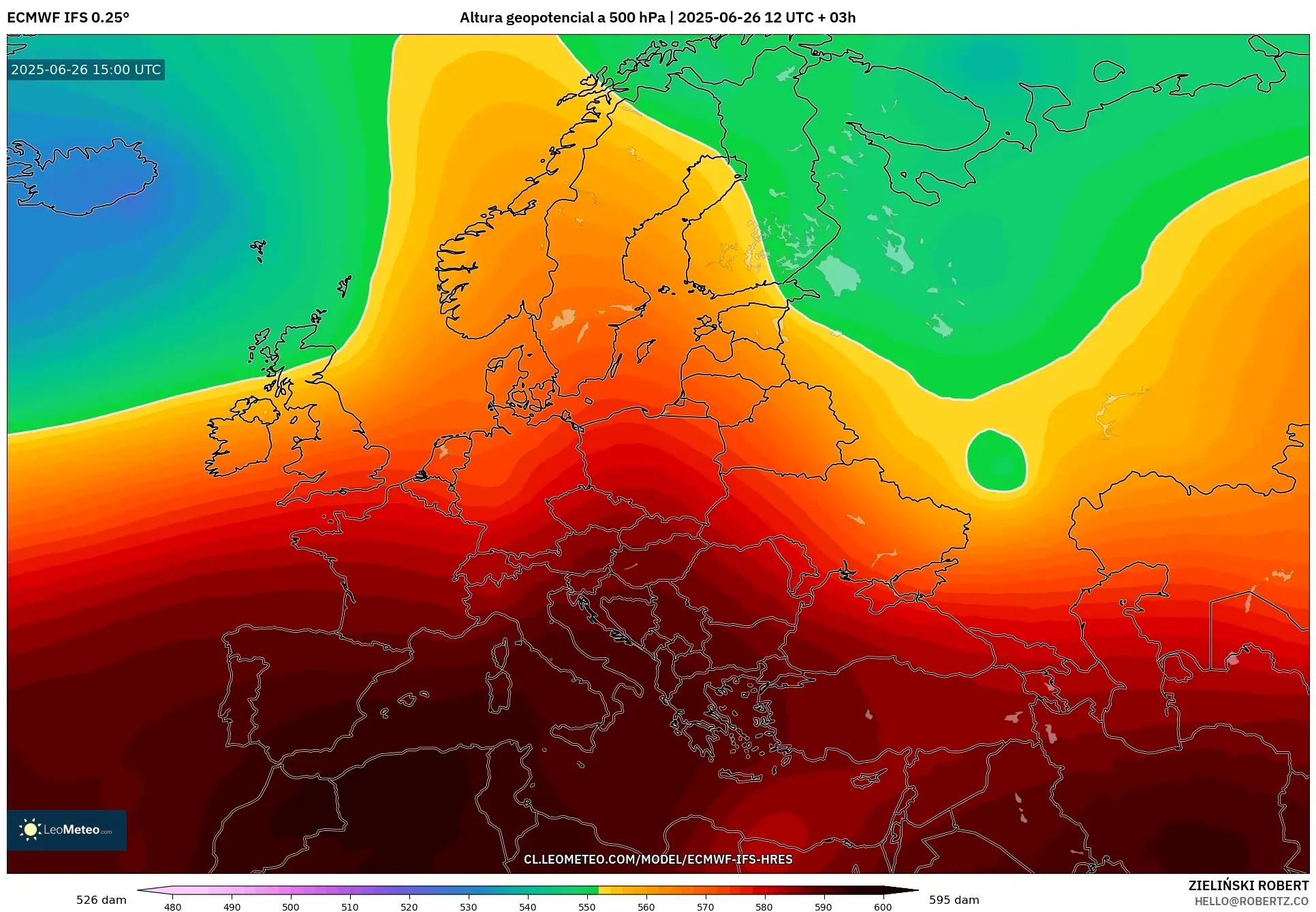 ECMWF IFS 0.25° model - Europa, Altura geopotencial a 500 hPa ECMWF IFS 0.25° model - Europa, Altura geopotencial a 500 hPa