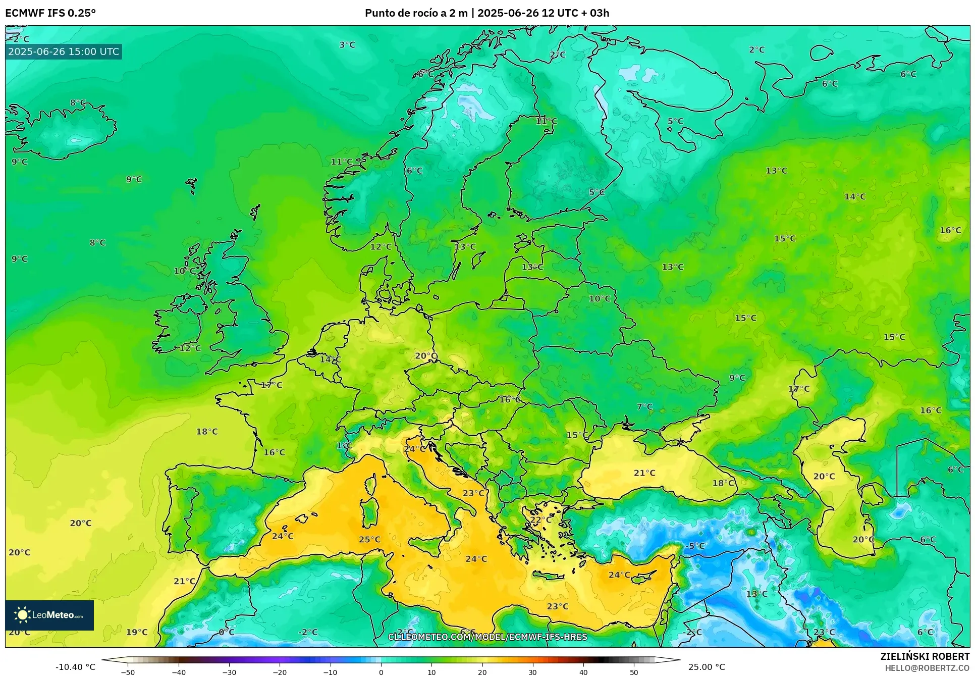 ECMWF IFS 0.25° model - Europa, Punto de rocío a 2 m ECMWF IFS 0.25° model - Europa, Punto de rocío a 2 m