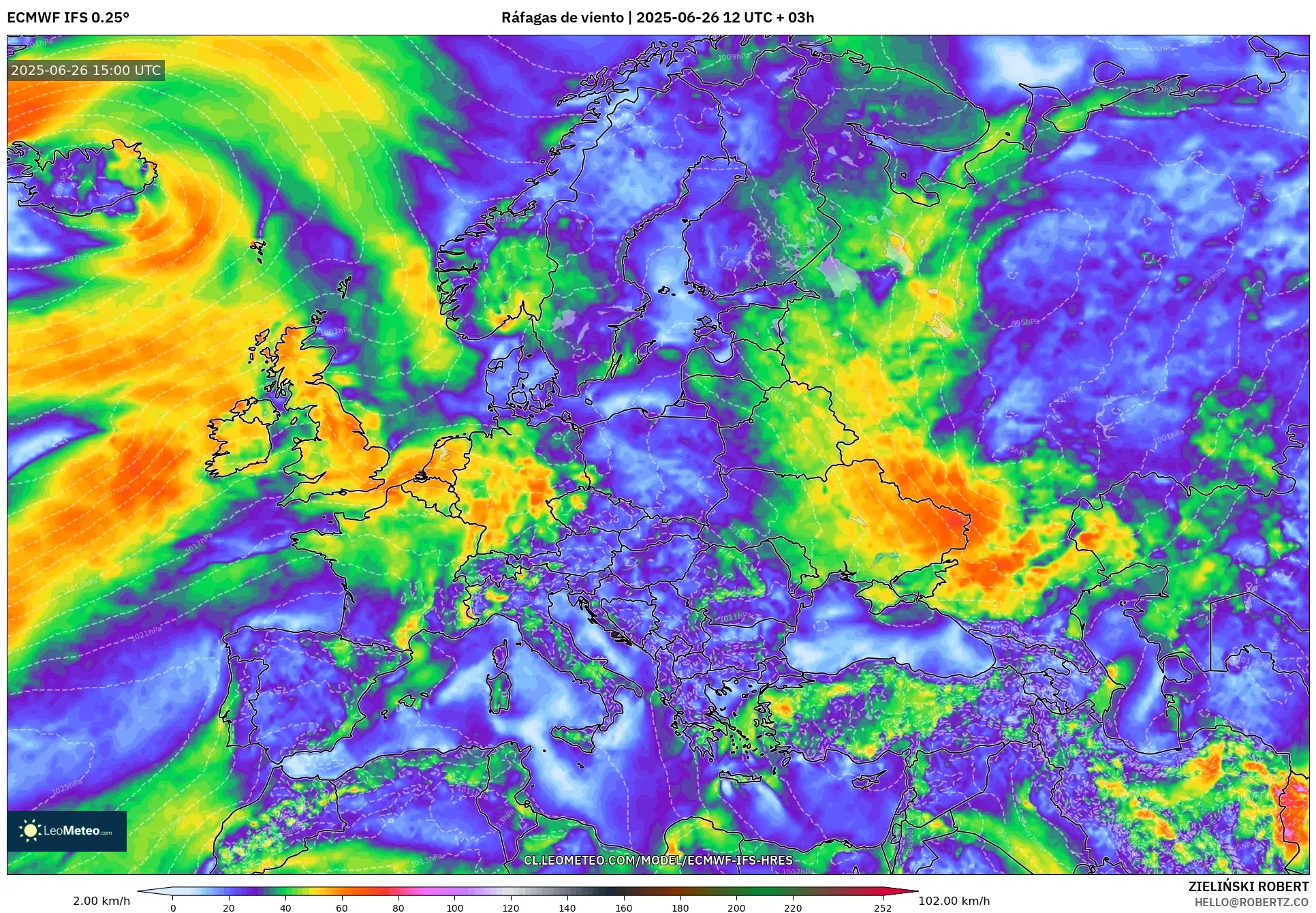 ECMWF IFS 0.25° model - Europa, Ráfagas de viento ECMWF IFS 0.25° model - Europa, Ráfagas de viento