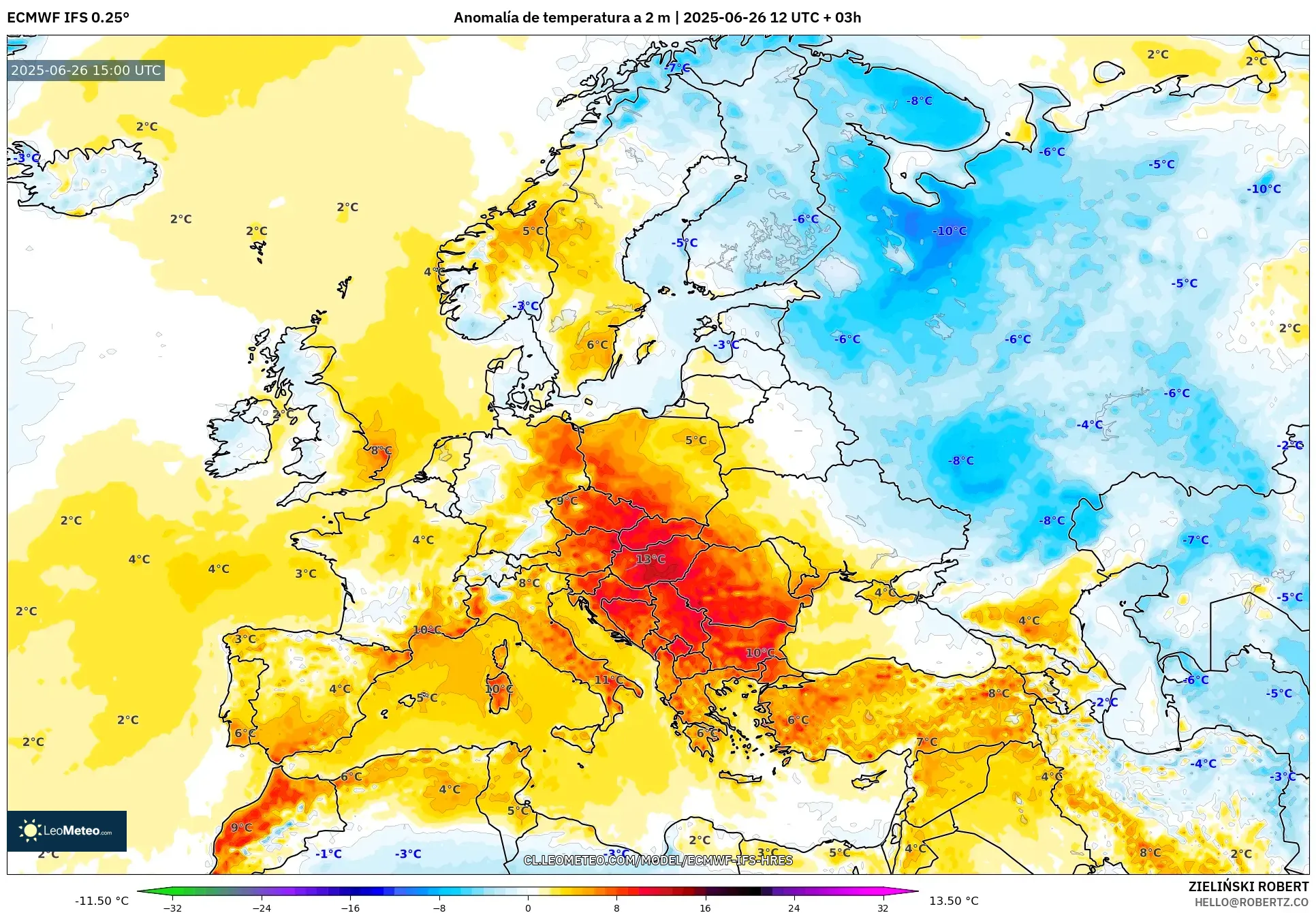 ECMWF IFS 0.25° model - Europa, Anomalía de temperatura a 2 m ECMWF IFS 0.25° model - Europa, Anomalía de temperatura a 2 m