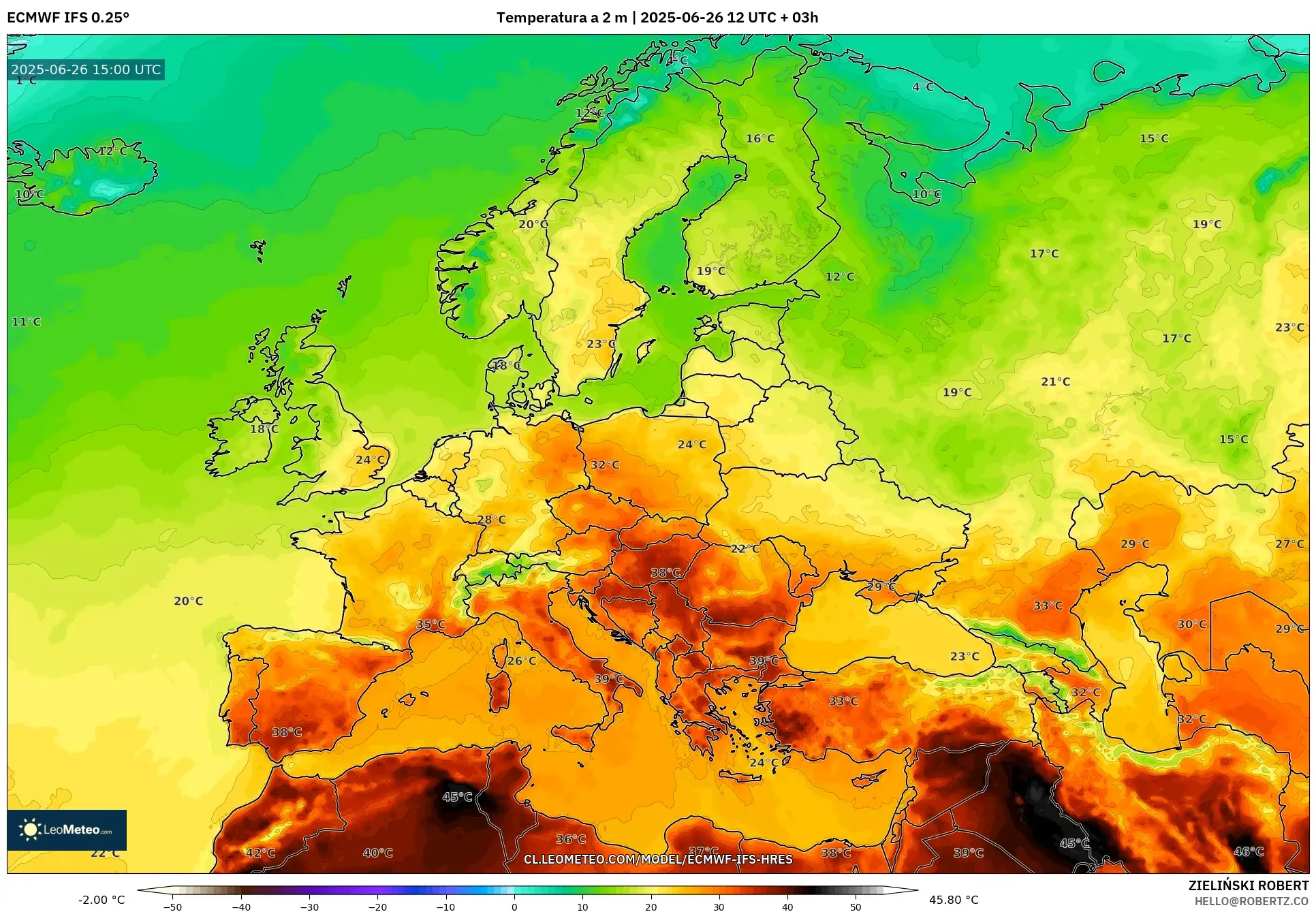 ECMWF IFS 0.25° model - Europa, Temperatura a 2 m ECMWF IFS 0.25° model - Europa, Temperatura a 2 m