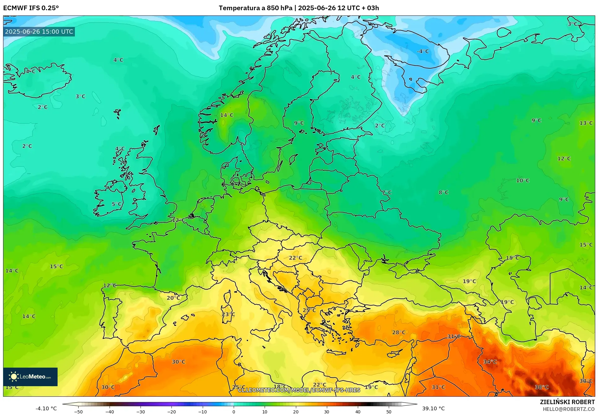 ECMWF IFS 0.25° model - Europa, Temperatura a 850 hPa ECMWF IFS 0.25° model - Europa, Temperatura a 850 hPa