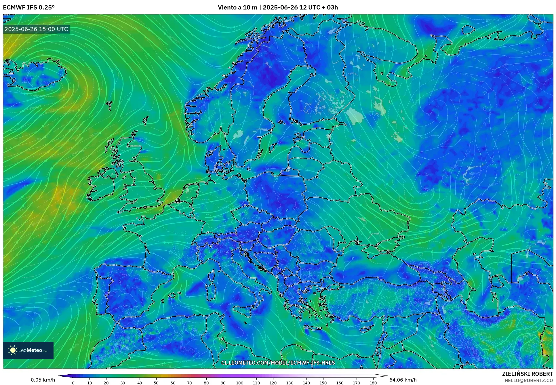 ECMWF IFS 0.25° model - Europa, Viento a 10 m ECMWF IFS 0.25° model - Europa, Viento a 10 m