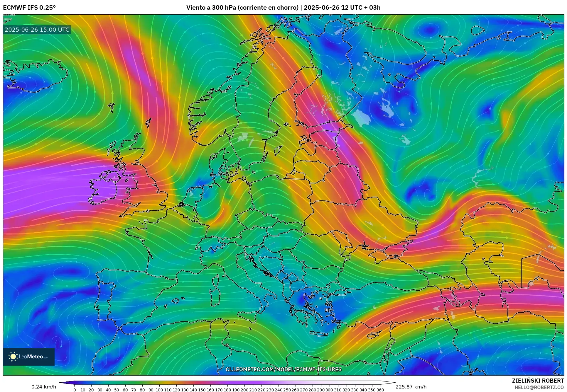ECMWF IFS 0.25° model - Europa, Viento a 300 hPa (corriente en chorro) ECMWF IFS 0.25° model - Europa, Viento a 300 hPa (corriente en chorro)