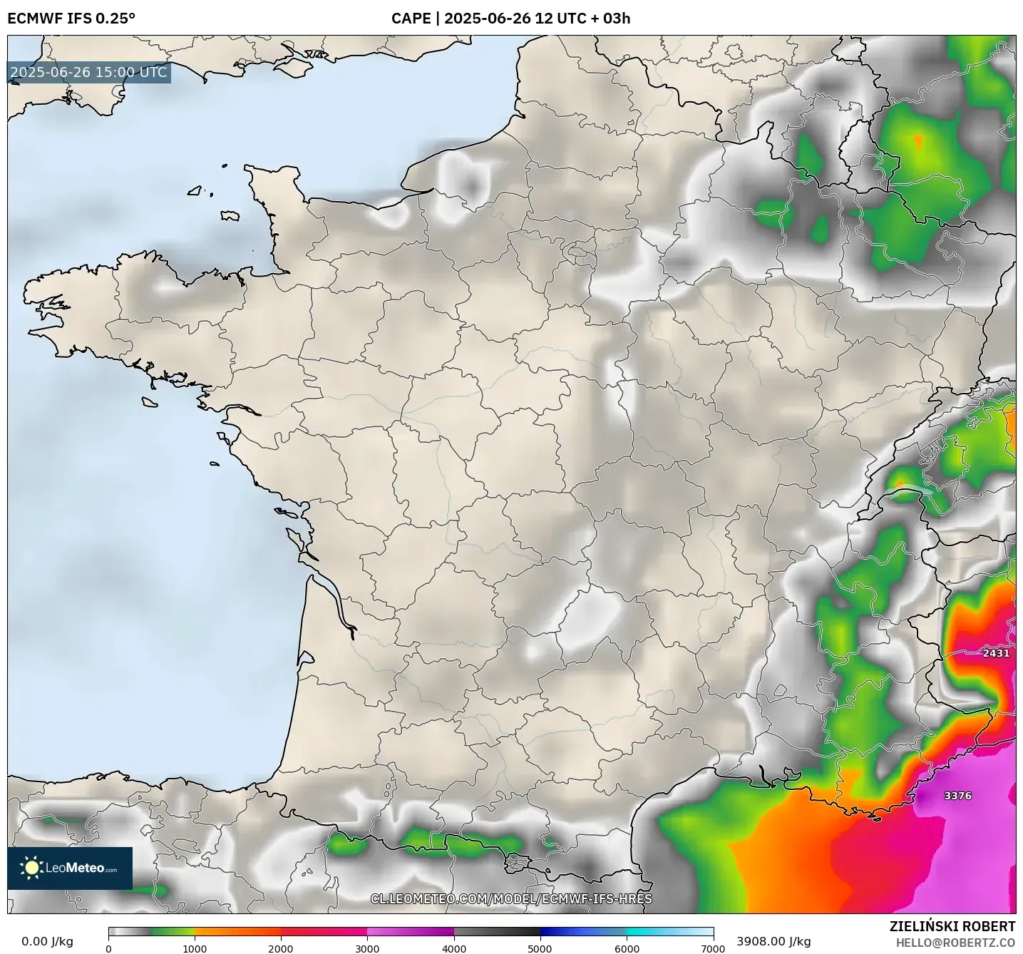 ECMWF IFS 0.25° model - Francia, CAPE ECMWF IFS 0.25° model - Francia, CAPE