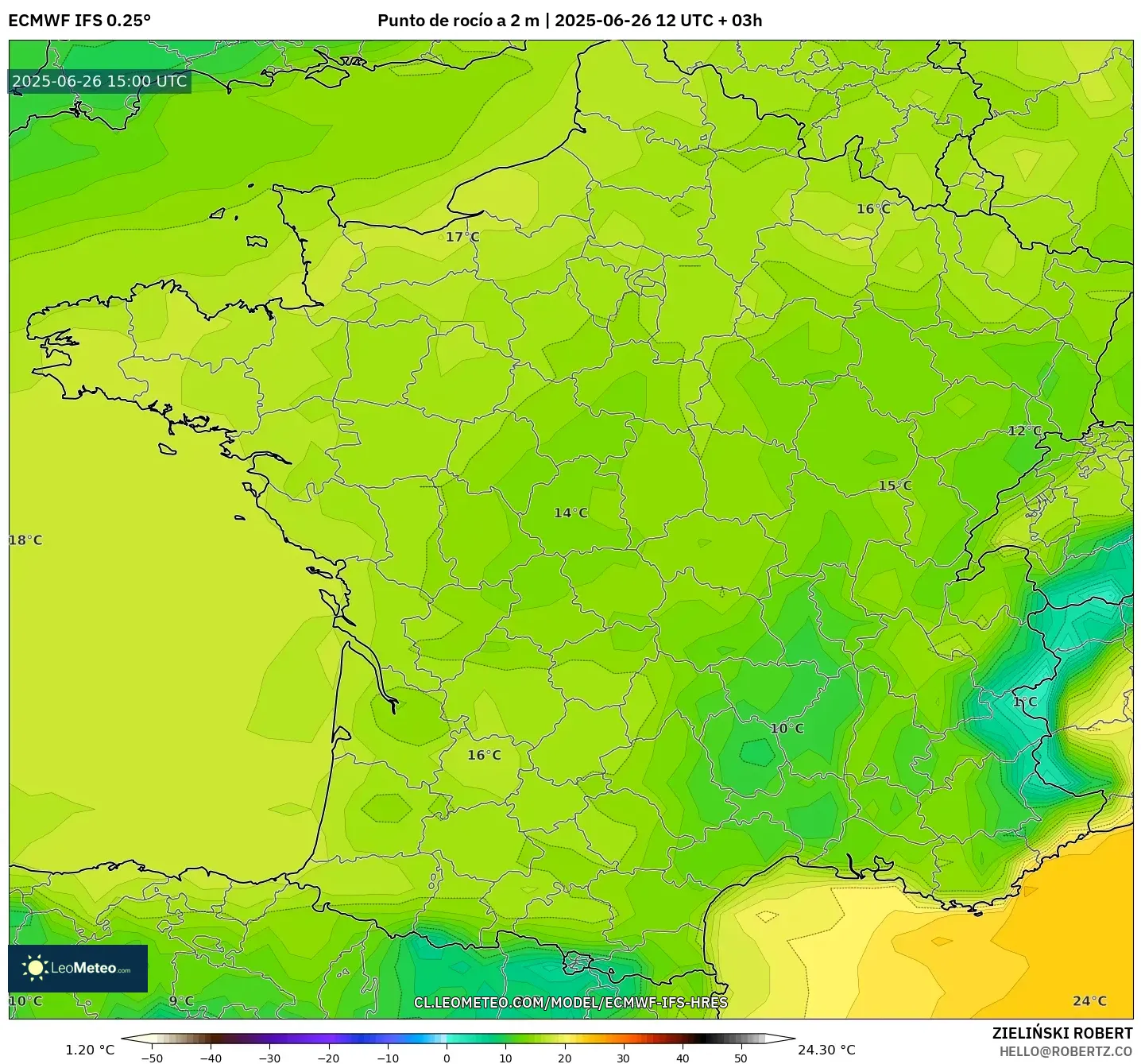 ECMWF IFS 0.25° model - Francia, Punto de rocío a 2 m ECMWF IFS 0.25° model - Francia, Punto de rocío a 2 m