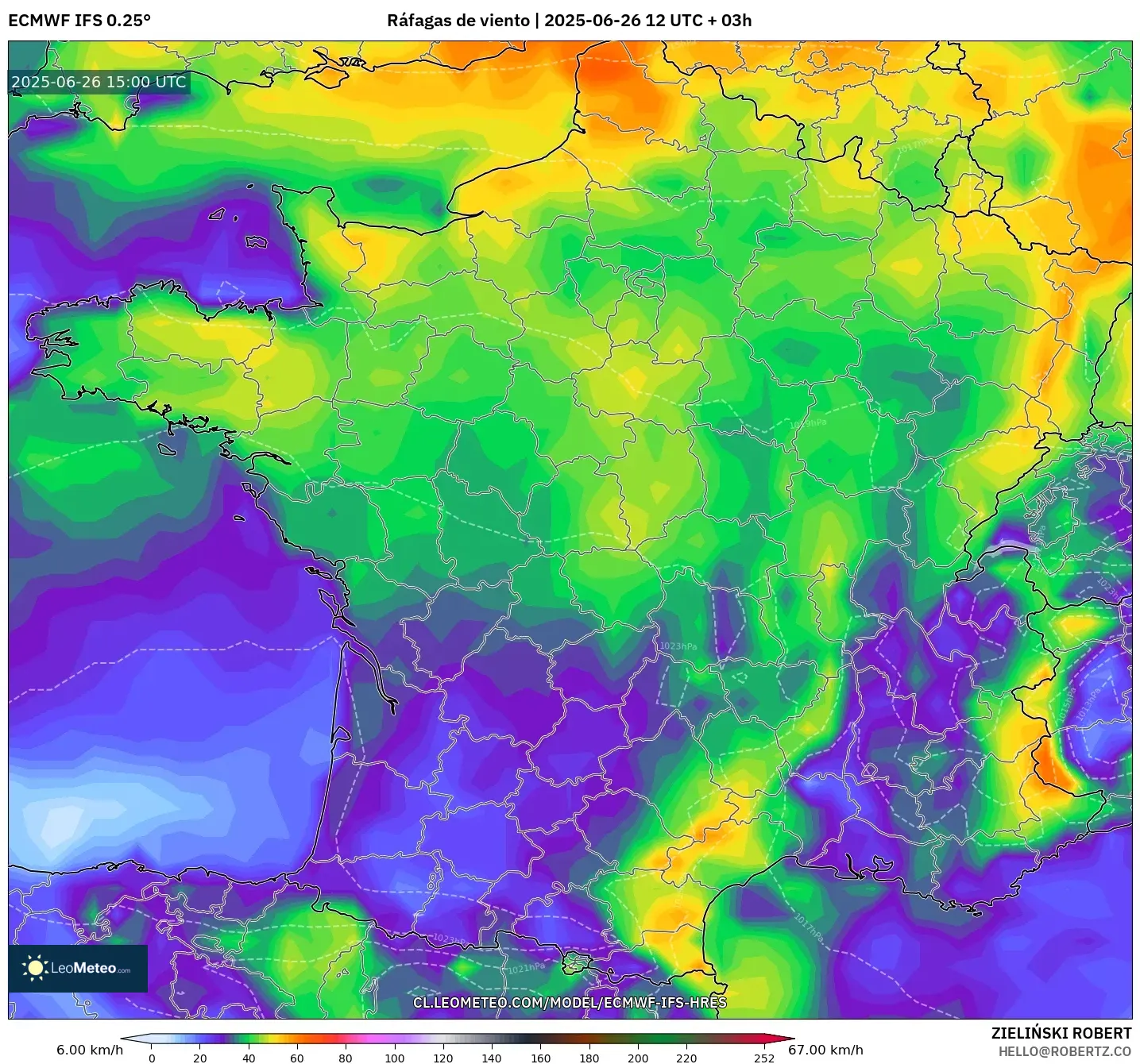 ECMWF IFS 0.25° model - Francia, Ráfagas de viento ECMWF IFS 0.25° model - Francia, Ráfagas de viento