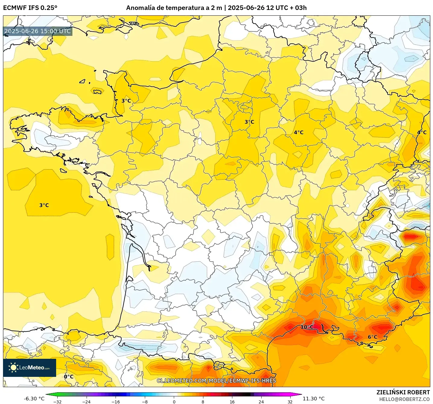 ECMWF IFS 0.25° model - Francia, Anomalía de temperatura a 2 m ECMWF IFS 0.25° model - Francia, Anomalía de temperatura a 2 m